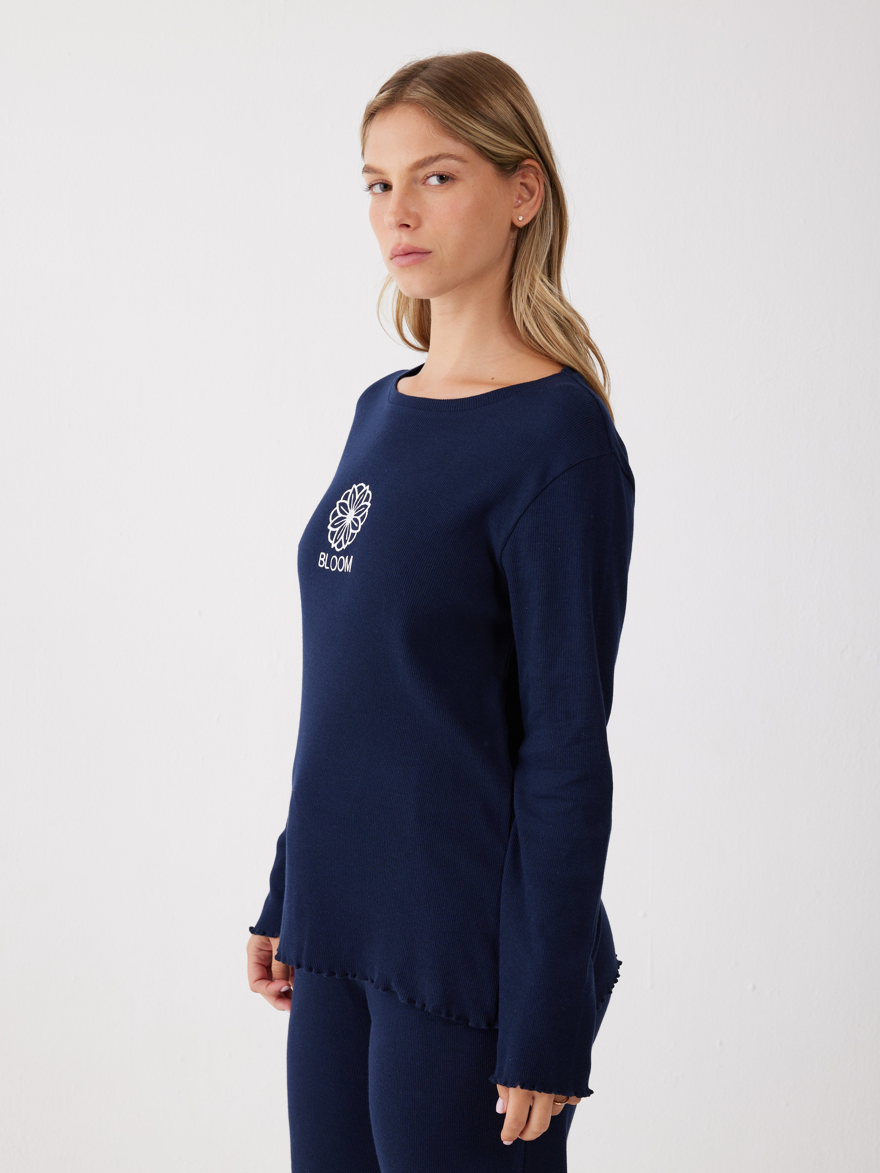 פיג'מה כותנה ריב - כחול נייבי