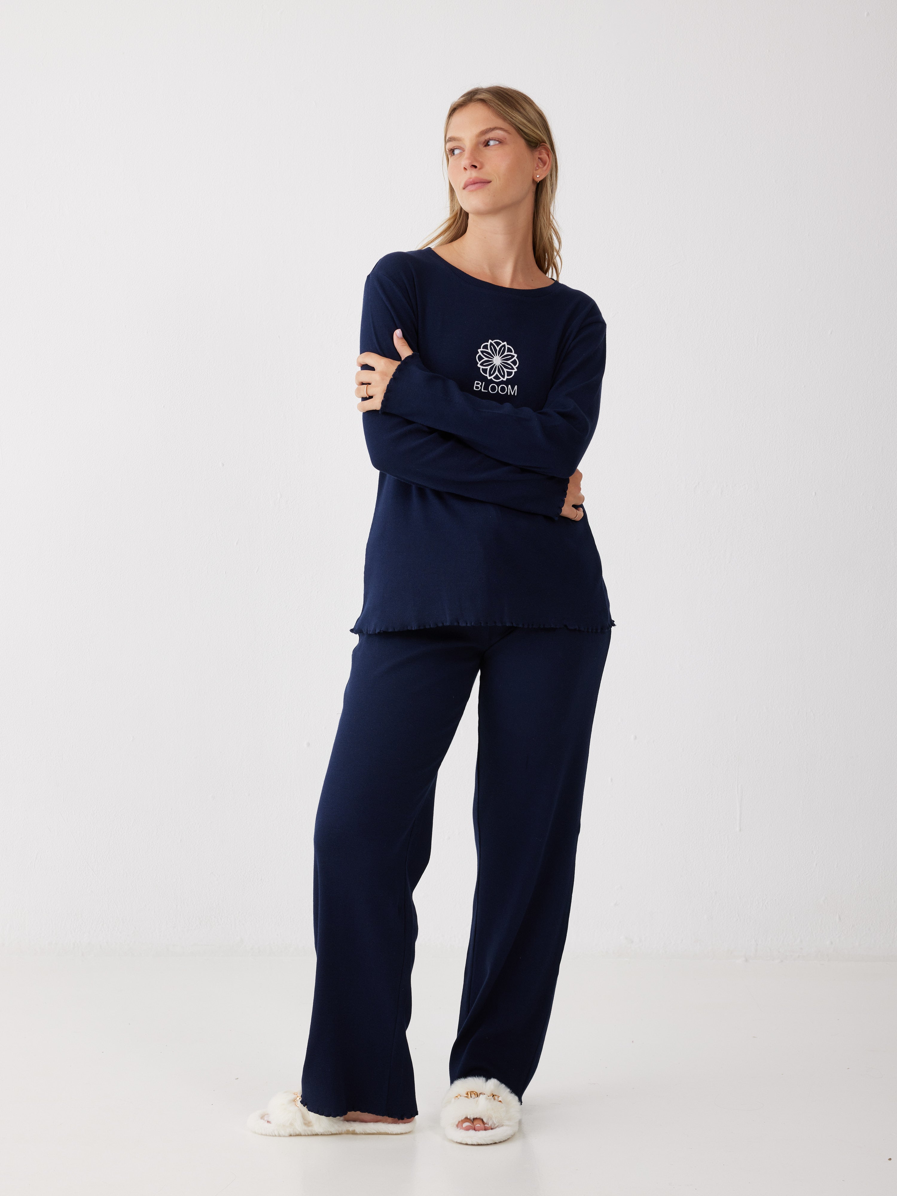 פיג'מה כותנה ריב - כחול נייבי