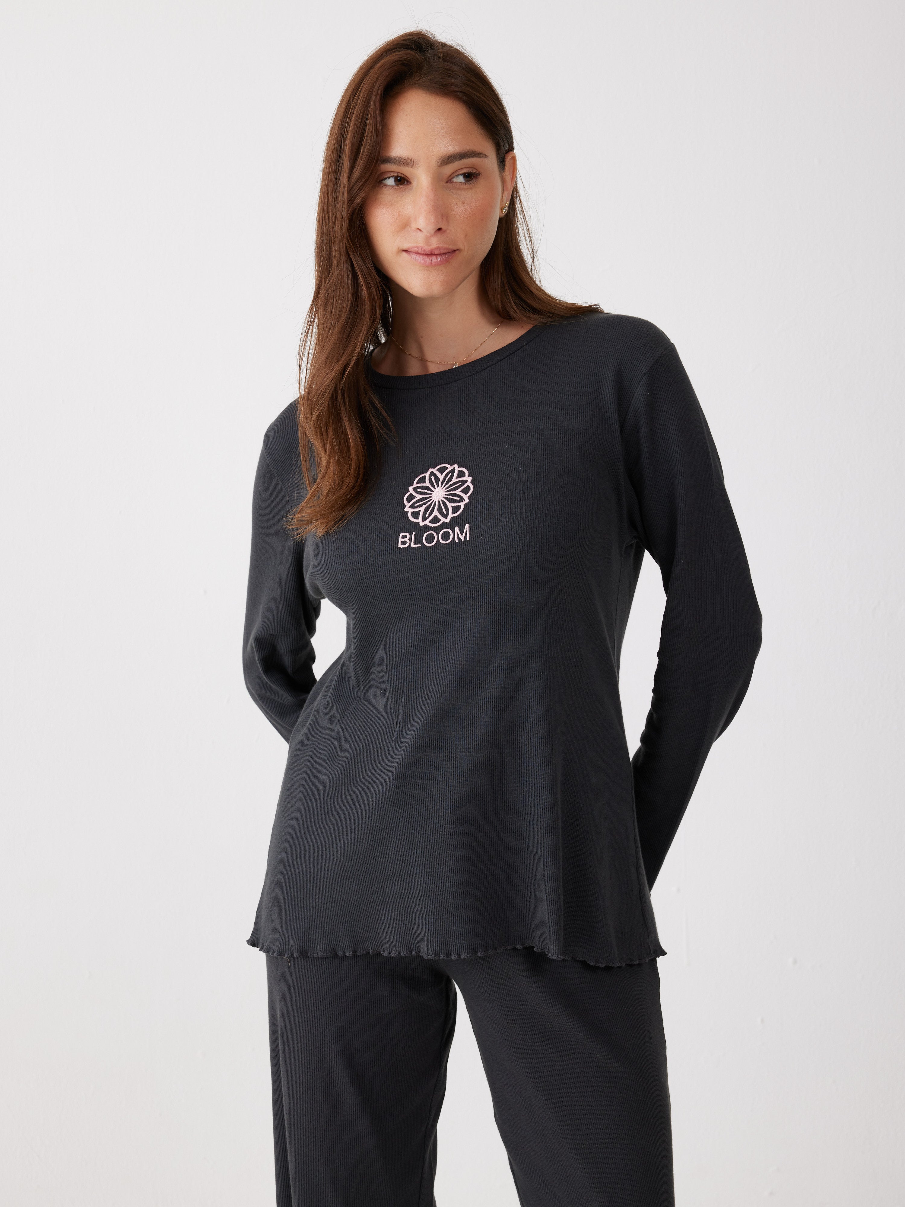 פיג'מה כותנה ריב - אפור כהה