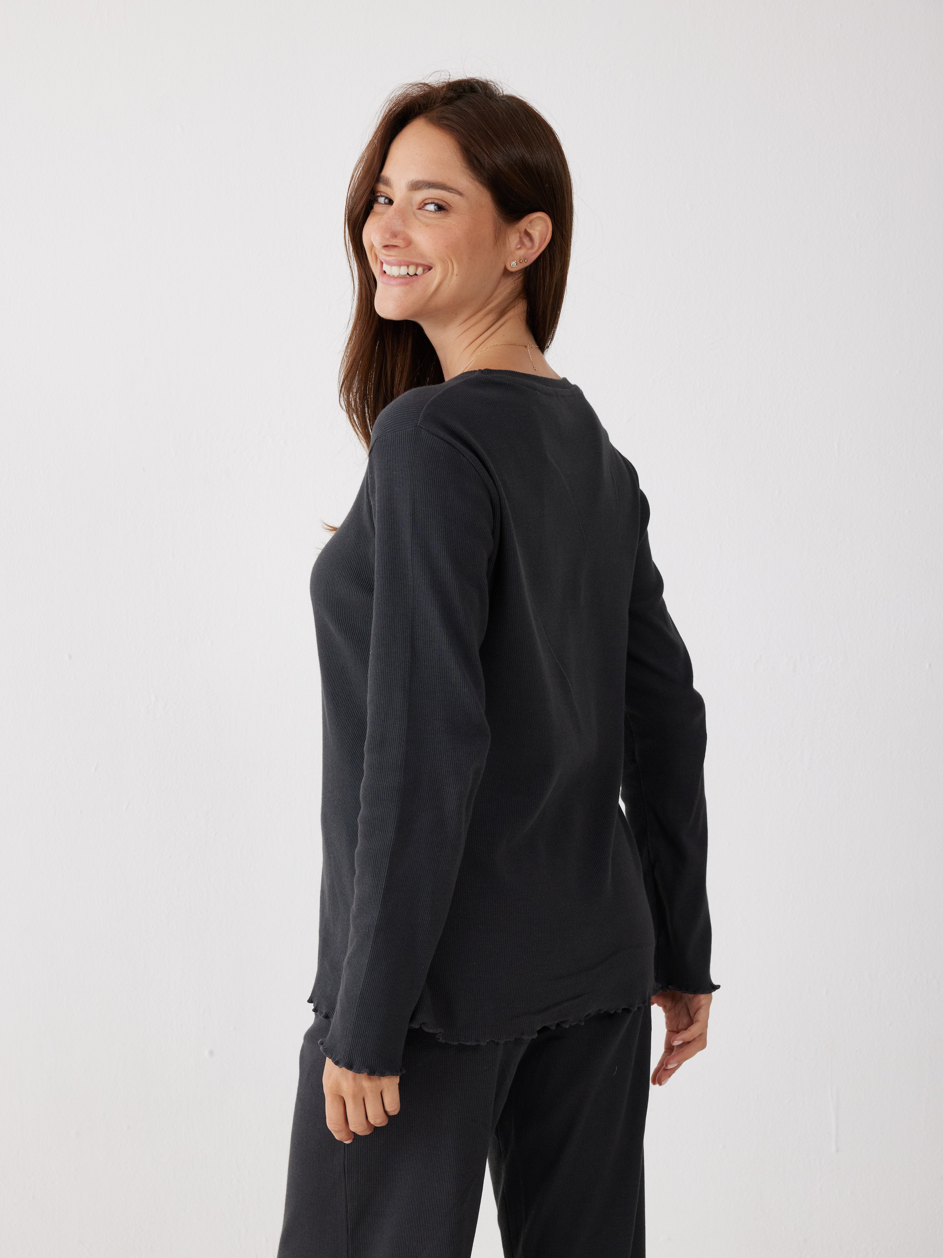 פיג'מה כותנה ריב - אפור כהה