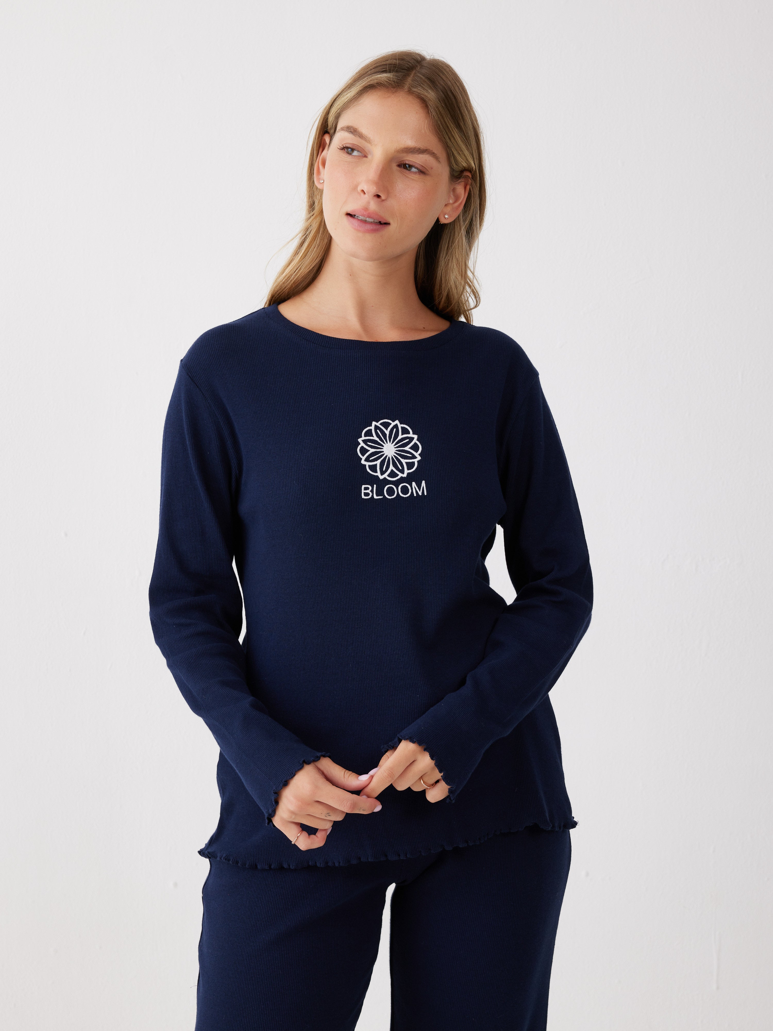 פיג'מה כותנה ריב - כחול נייבי