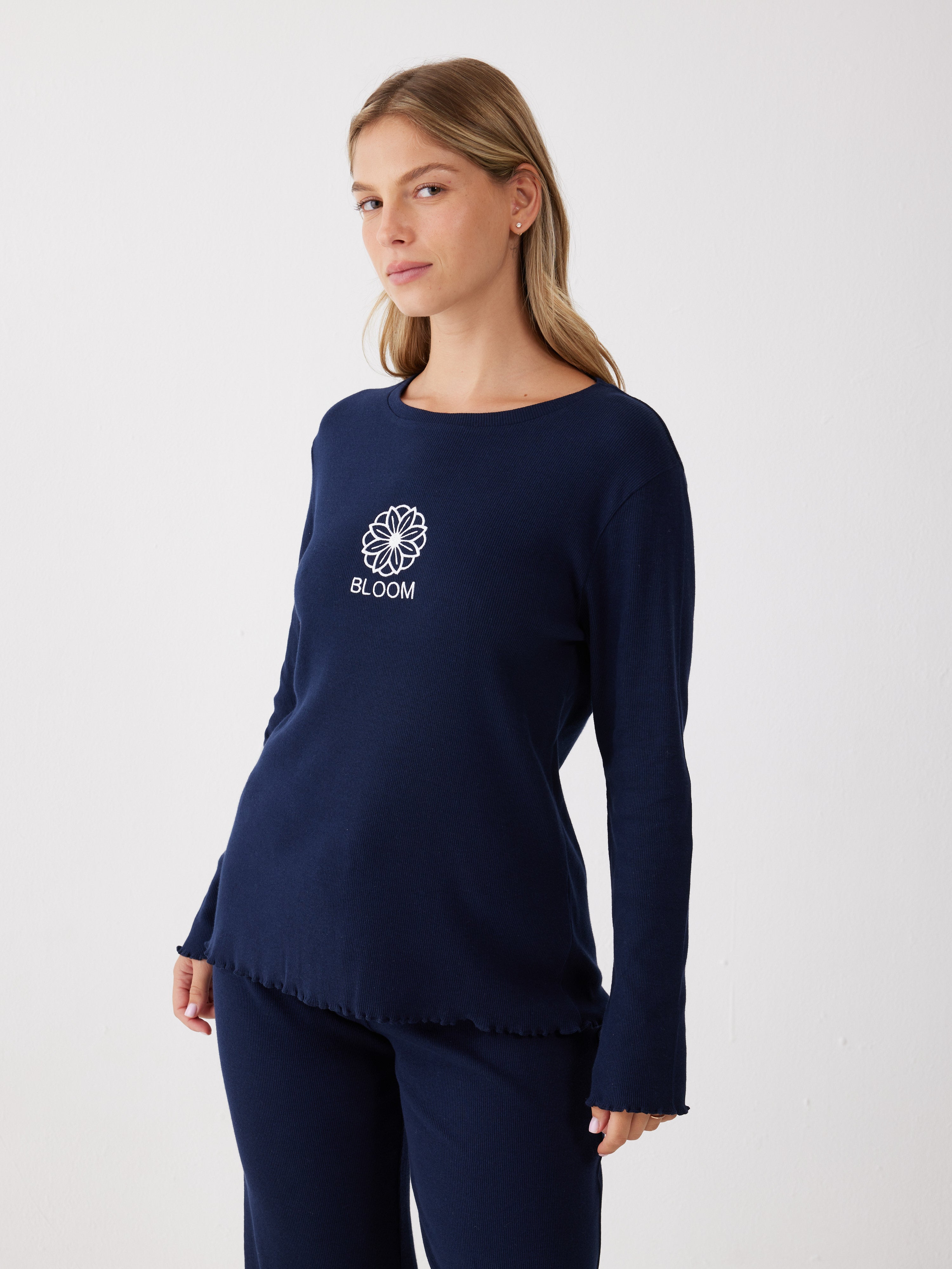 פיג'מה כותנה ריב - כחול נייבי