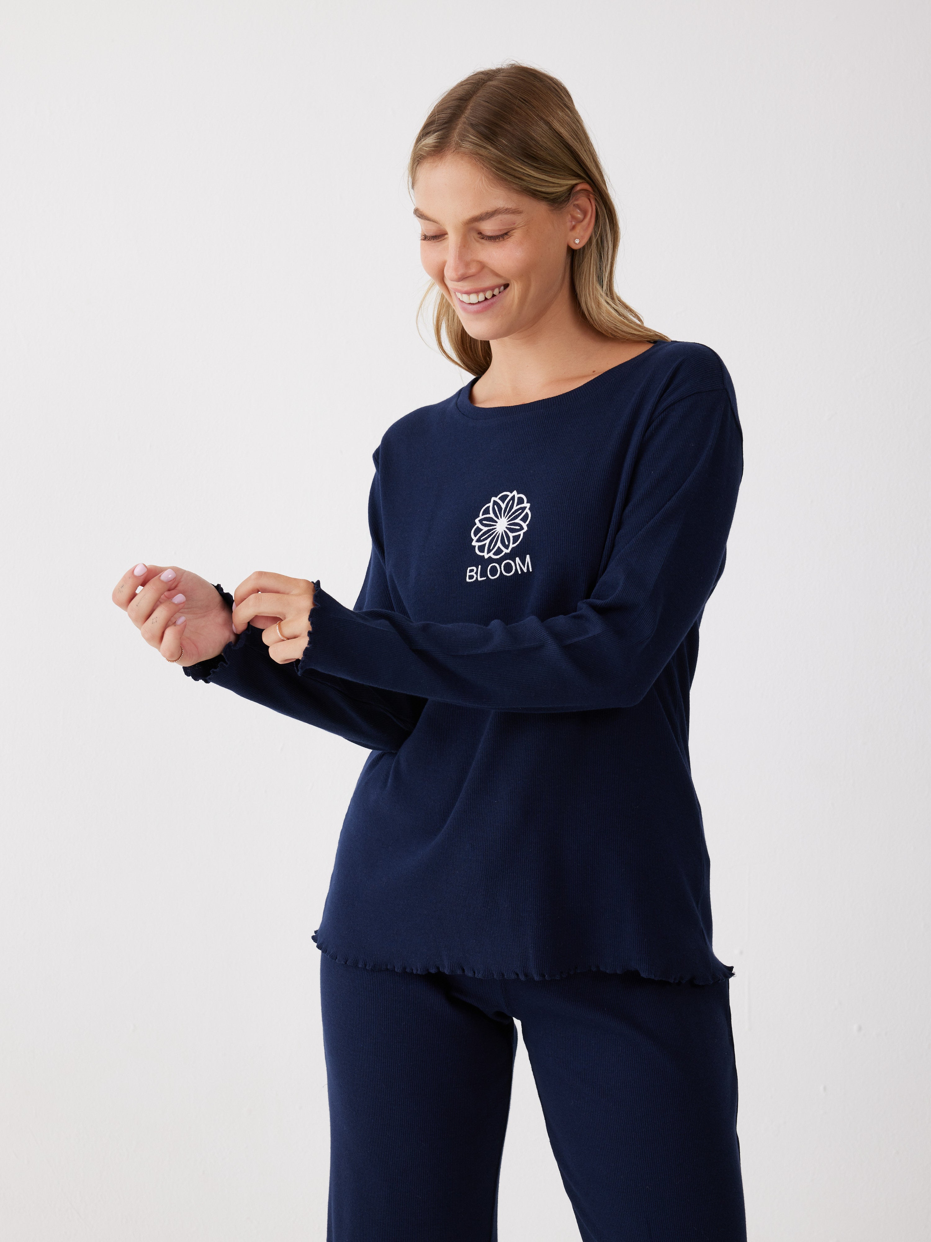 פיג'מה כותנה ריב - כחול נייבי