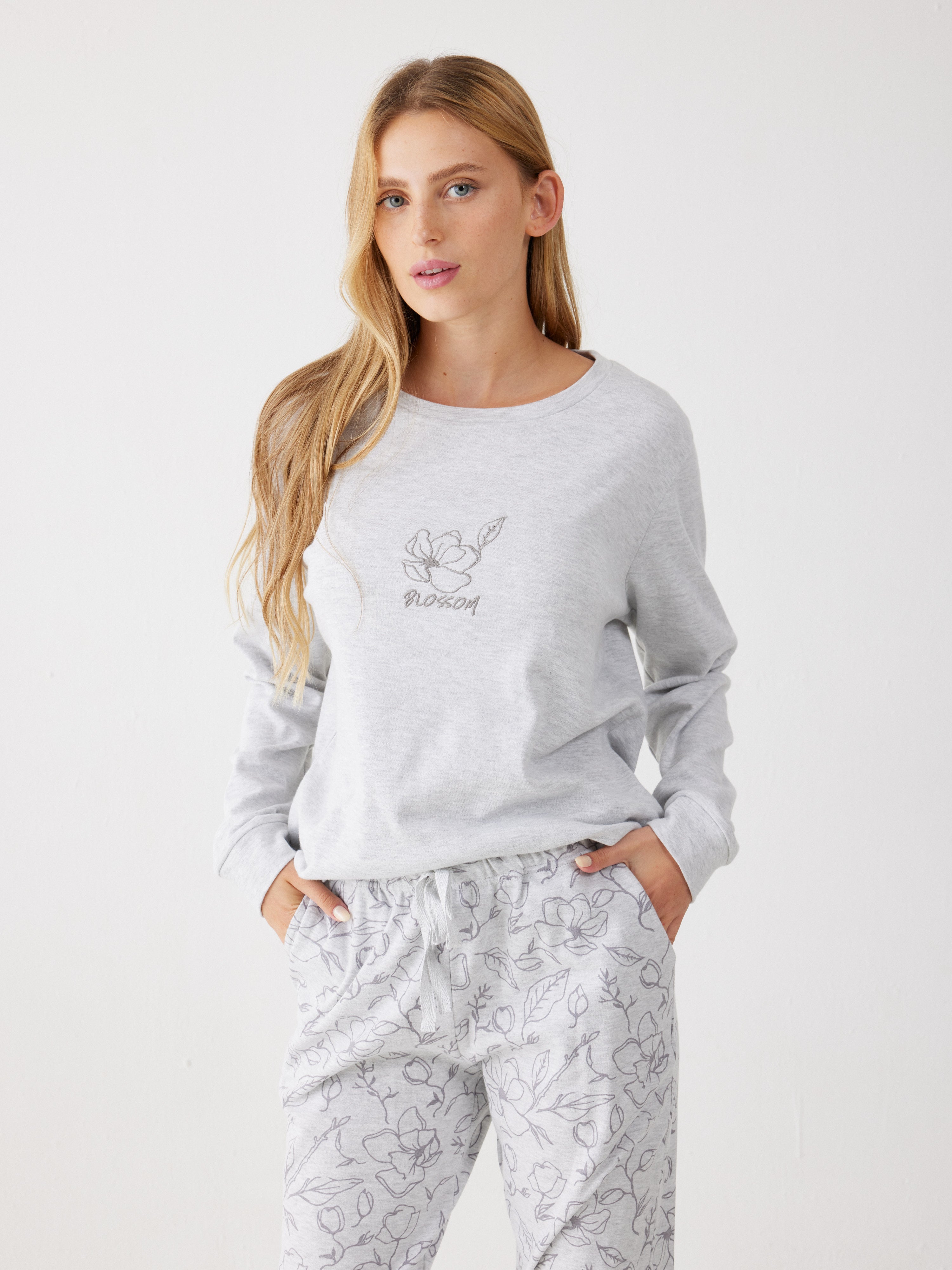 פיג'מה 100% כותנה -  אפור מלאנז'