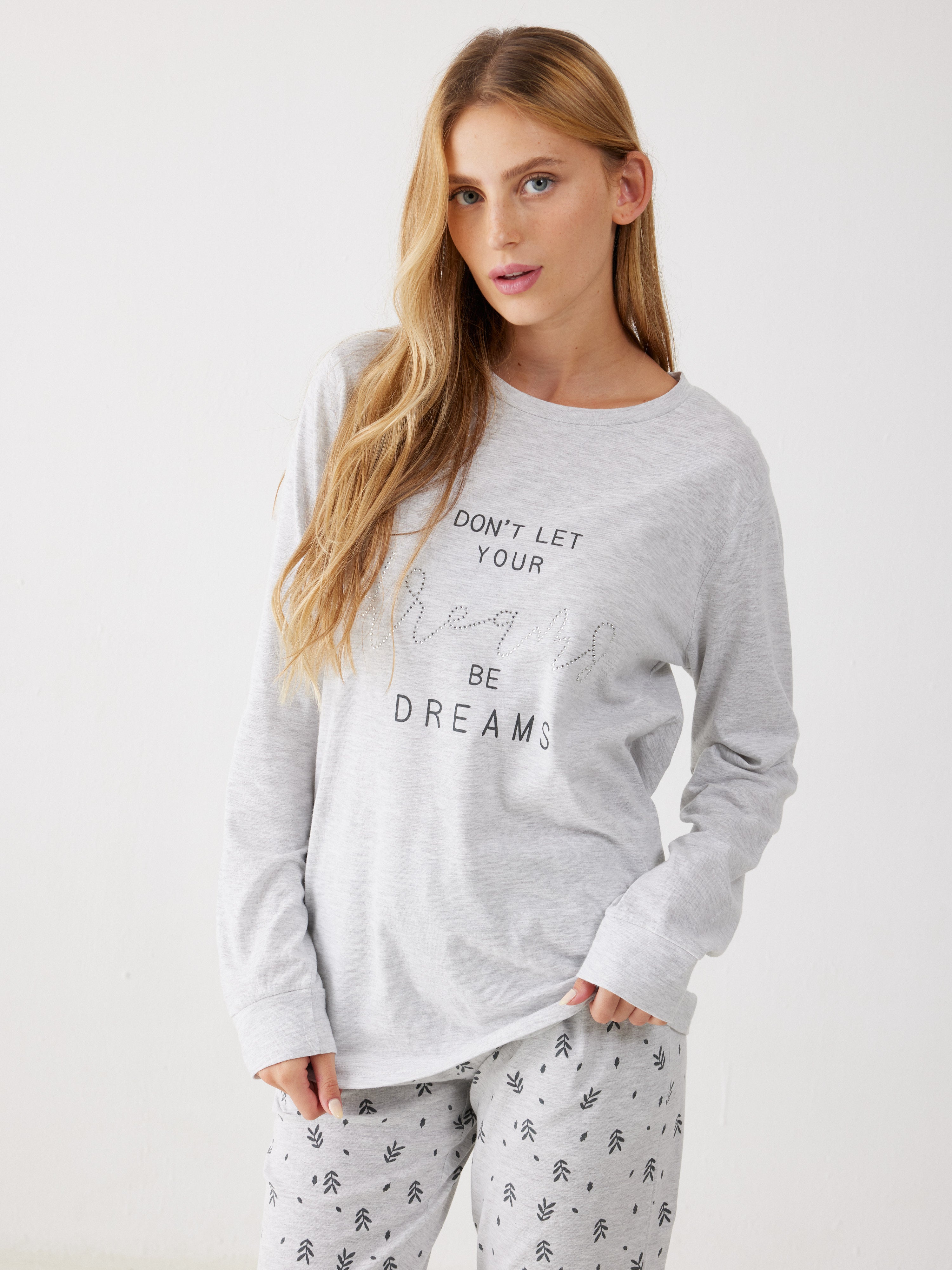 פיג'מה 100% כותנה -  אפור מלאנז'