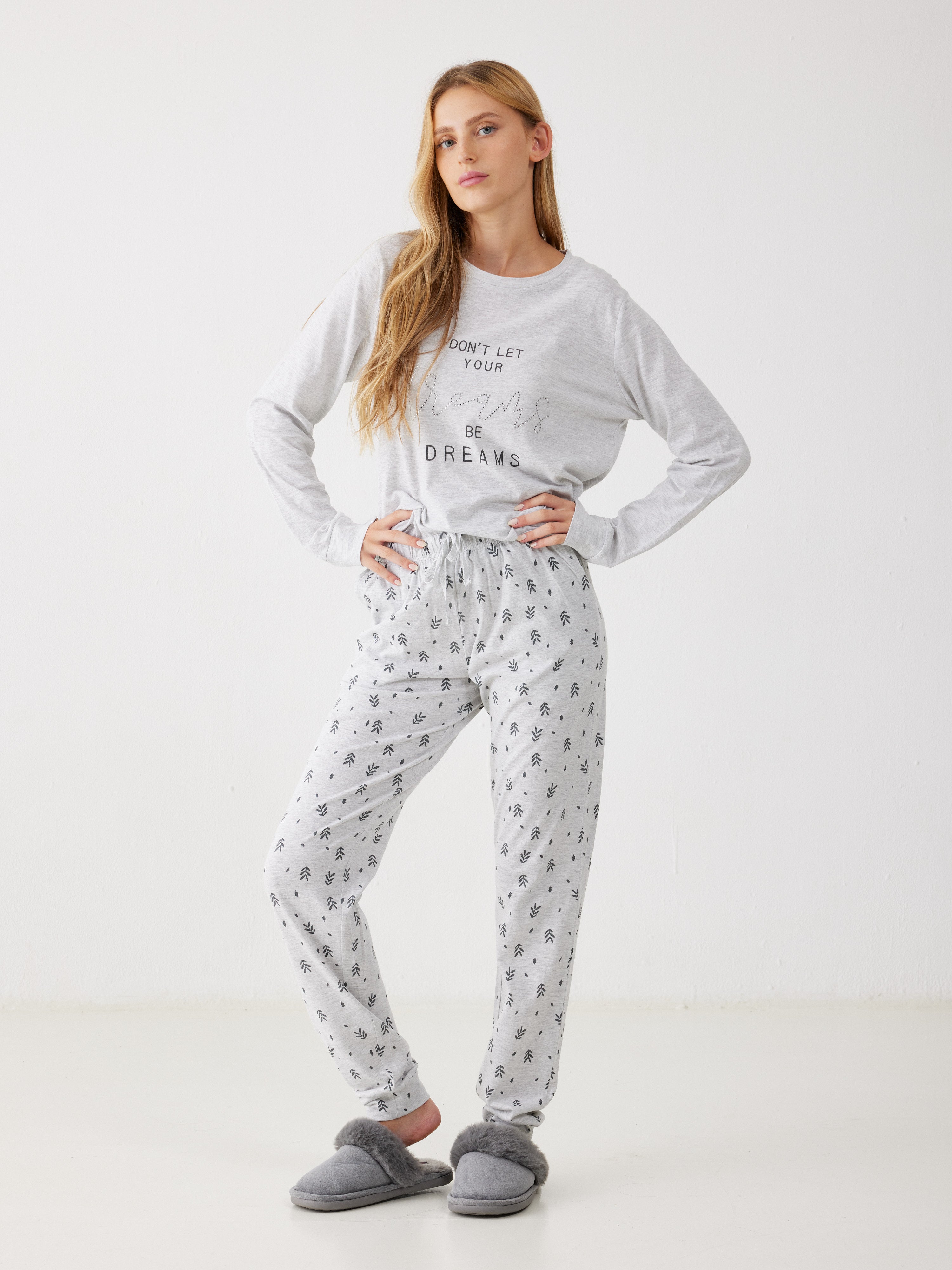 פיג'מה 100% כותנה -  אפור מלאנז'