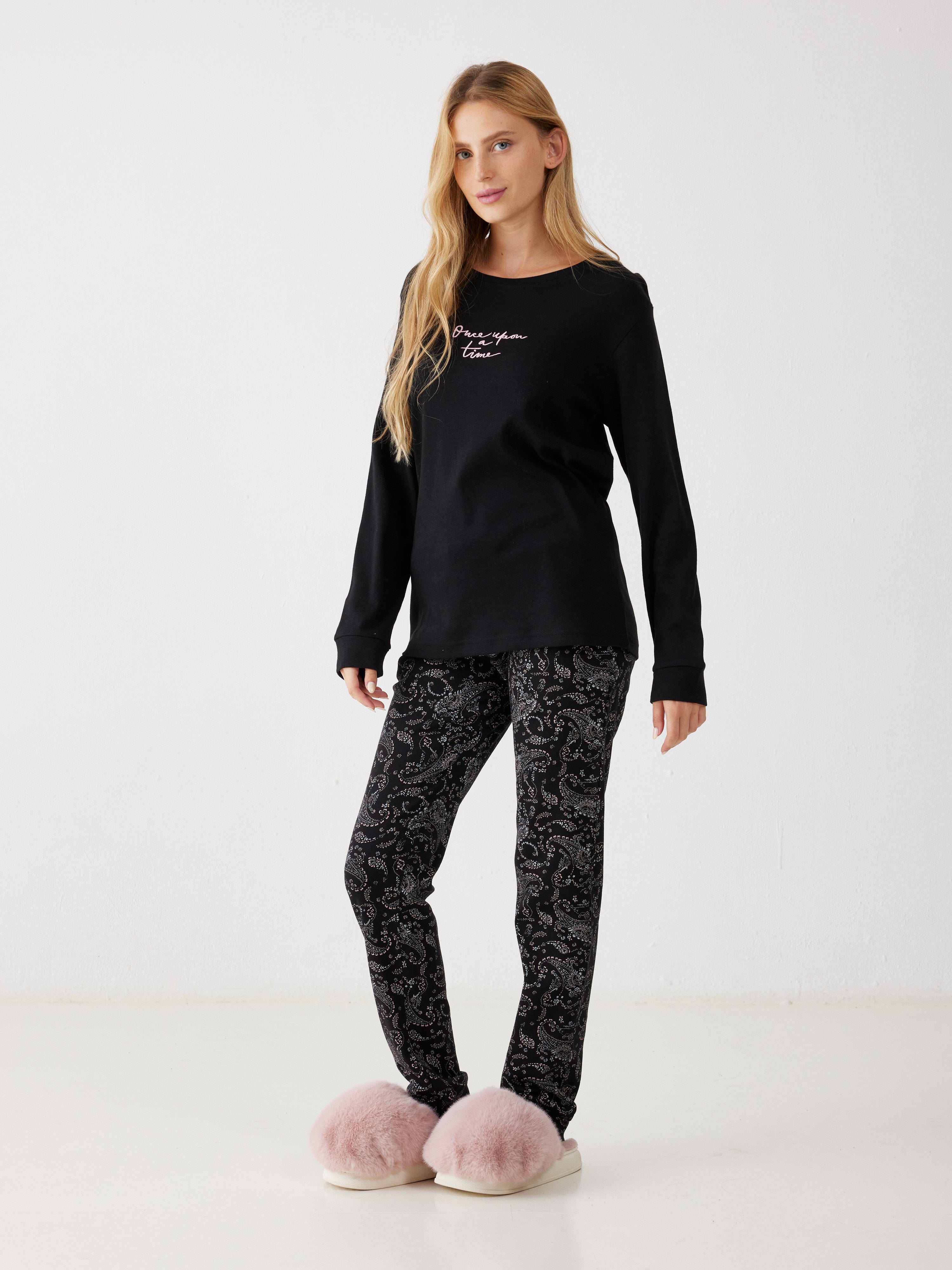 פיג'מה 100% כותנה -  שחור