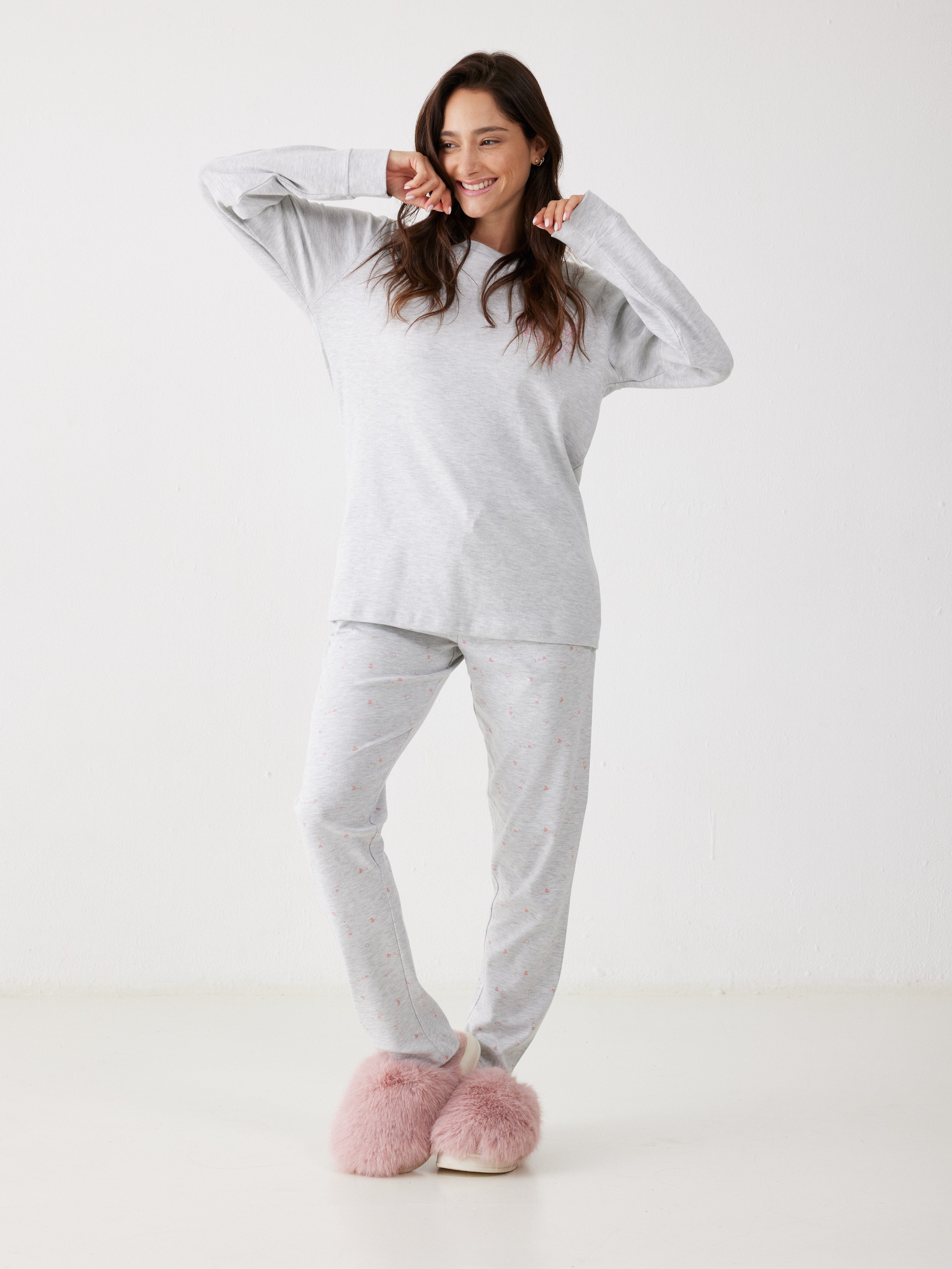 פיג'מה 100% כותנה -  אפור מלאנז'