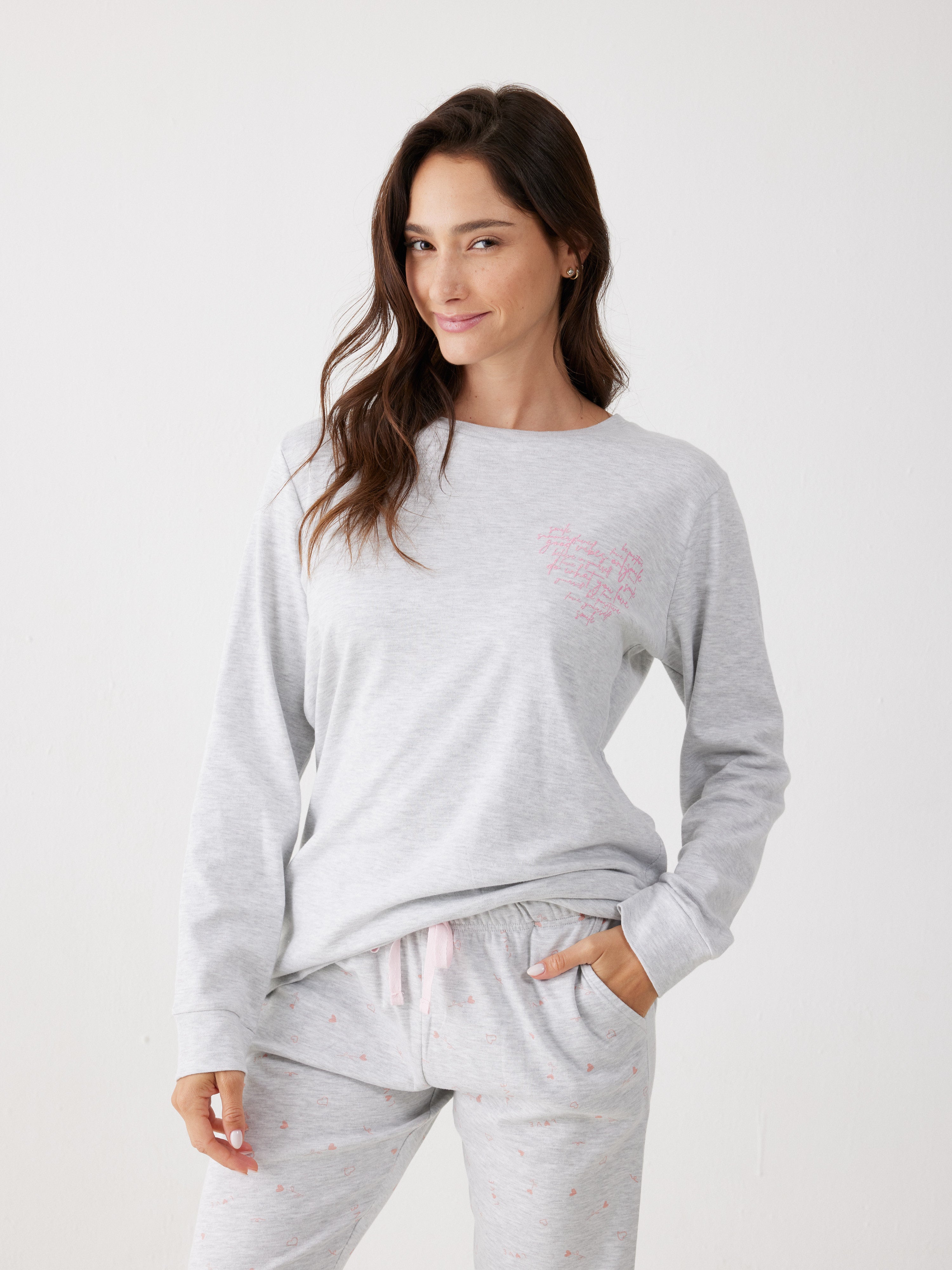 פיג'מה 100% כותנה -  אפור מלאנז'