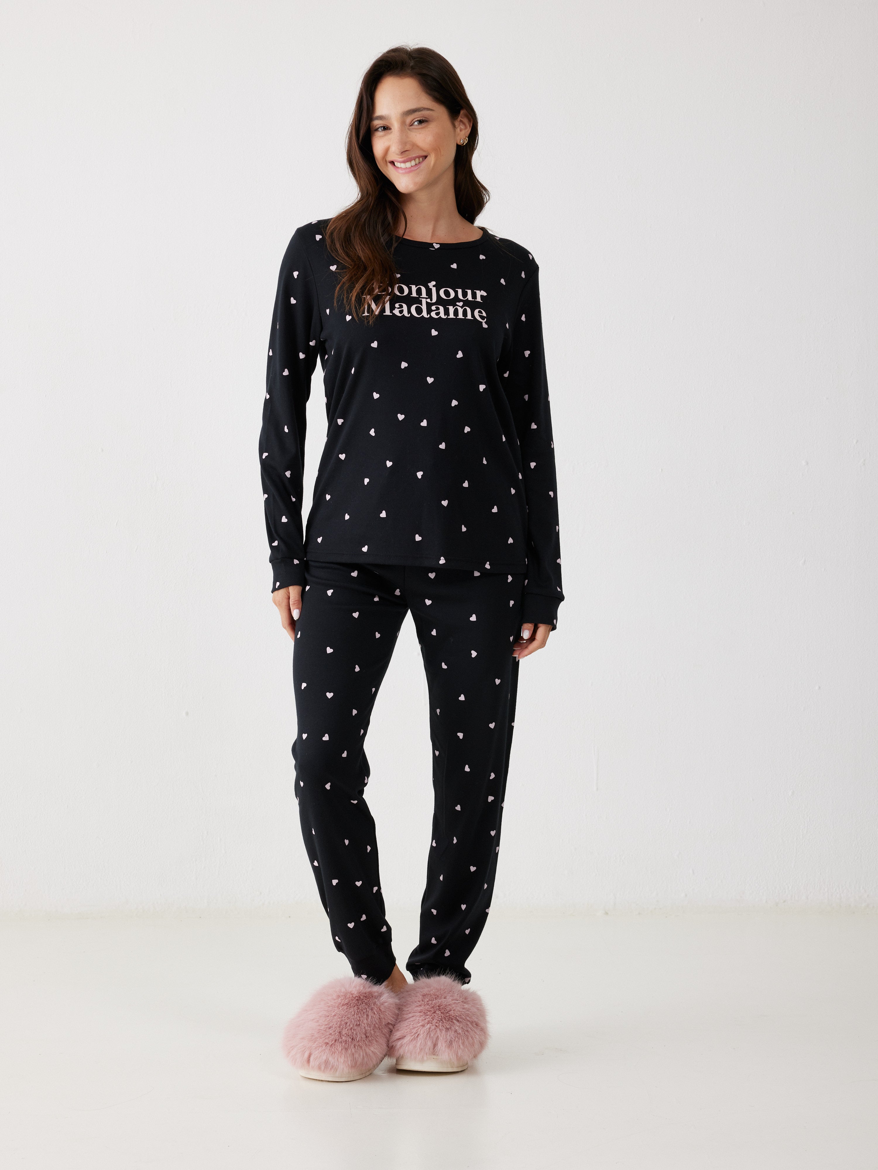 פיג'מת אינטרלוק נקודות -  שחור