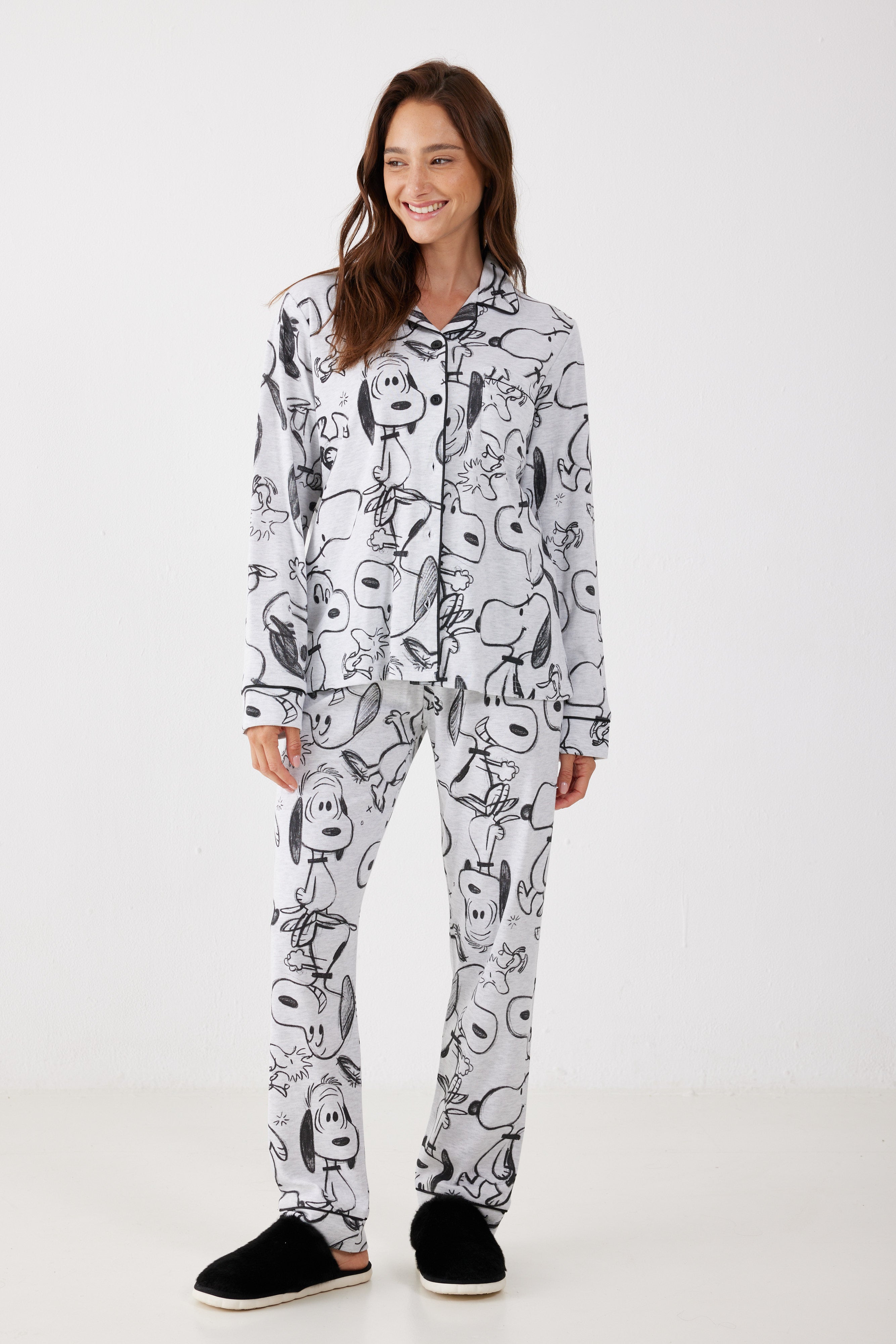 פיג'מה מכופתרת סנופי אינטרלוק - אפור מלאנז