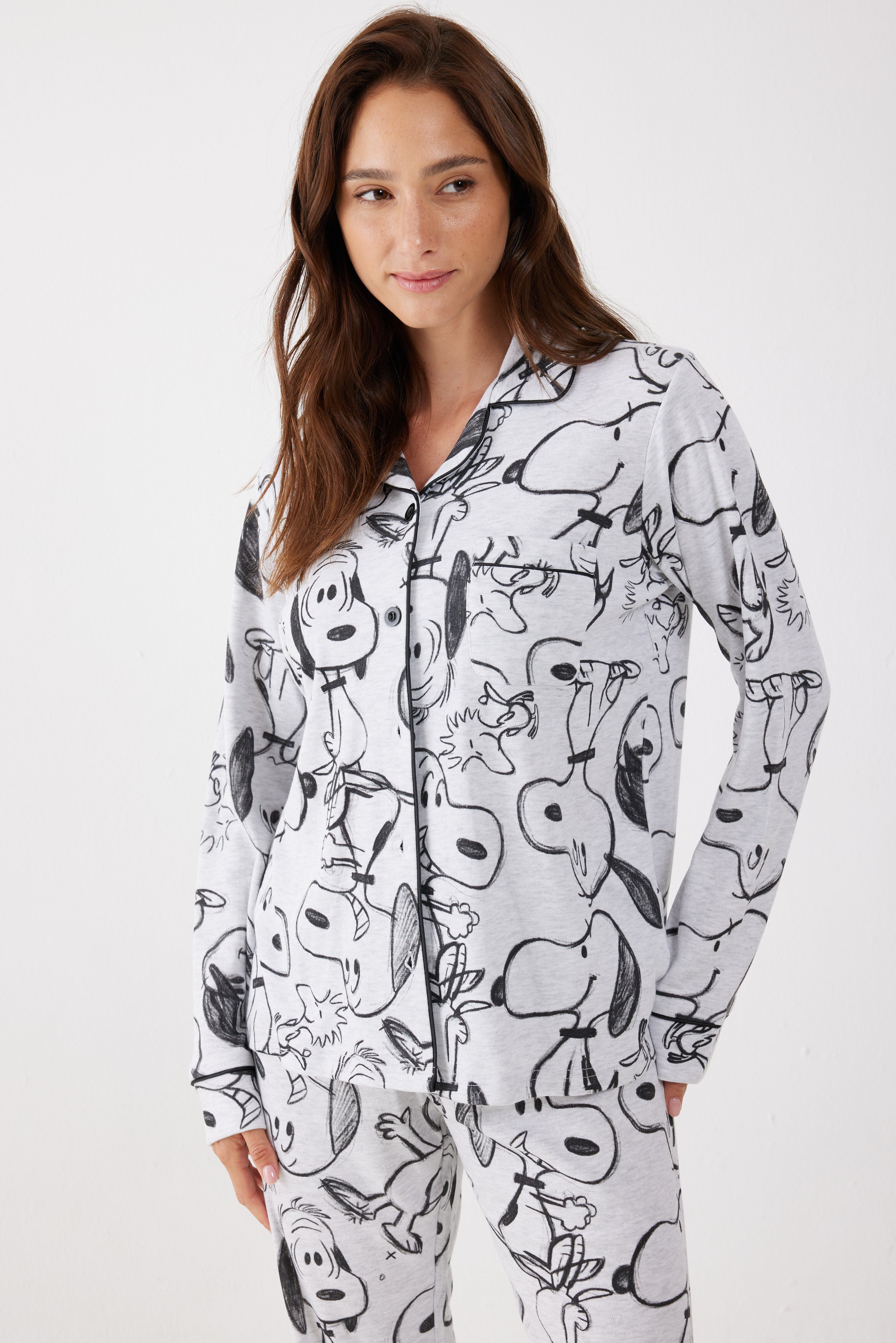 פיג'מה מכופתרת סנופי אינטרלוק - אפור מלאנז