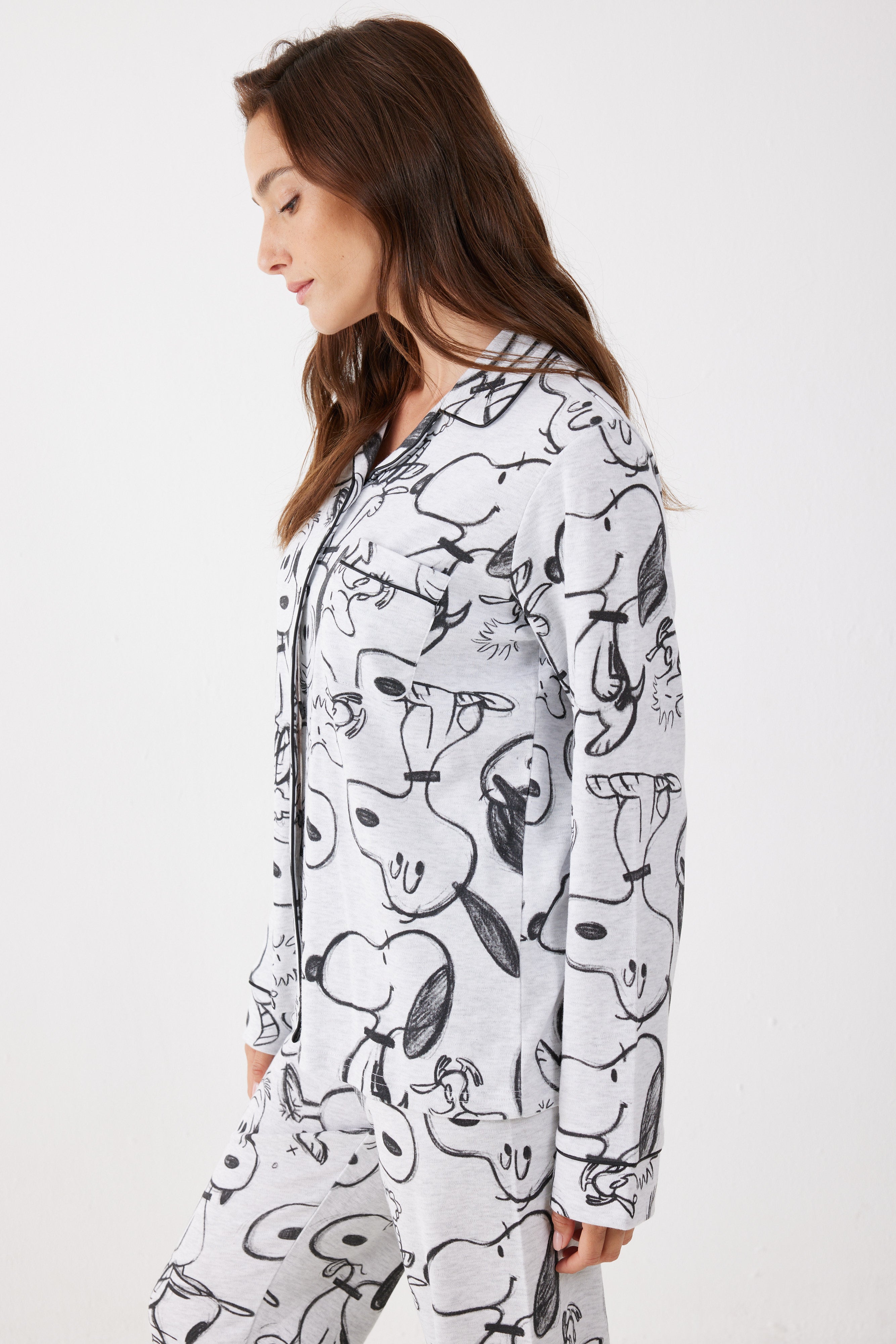 פיג'מה מכופתרת סנופי אינטרלוק - אפור מלאנז