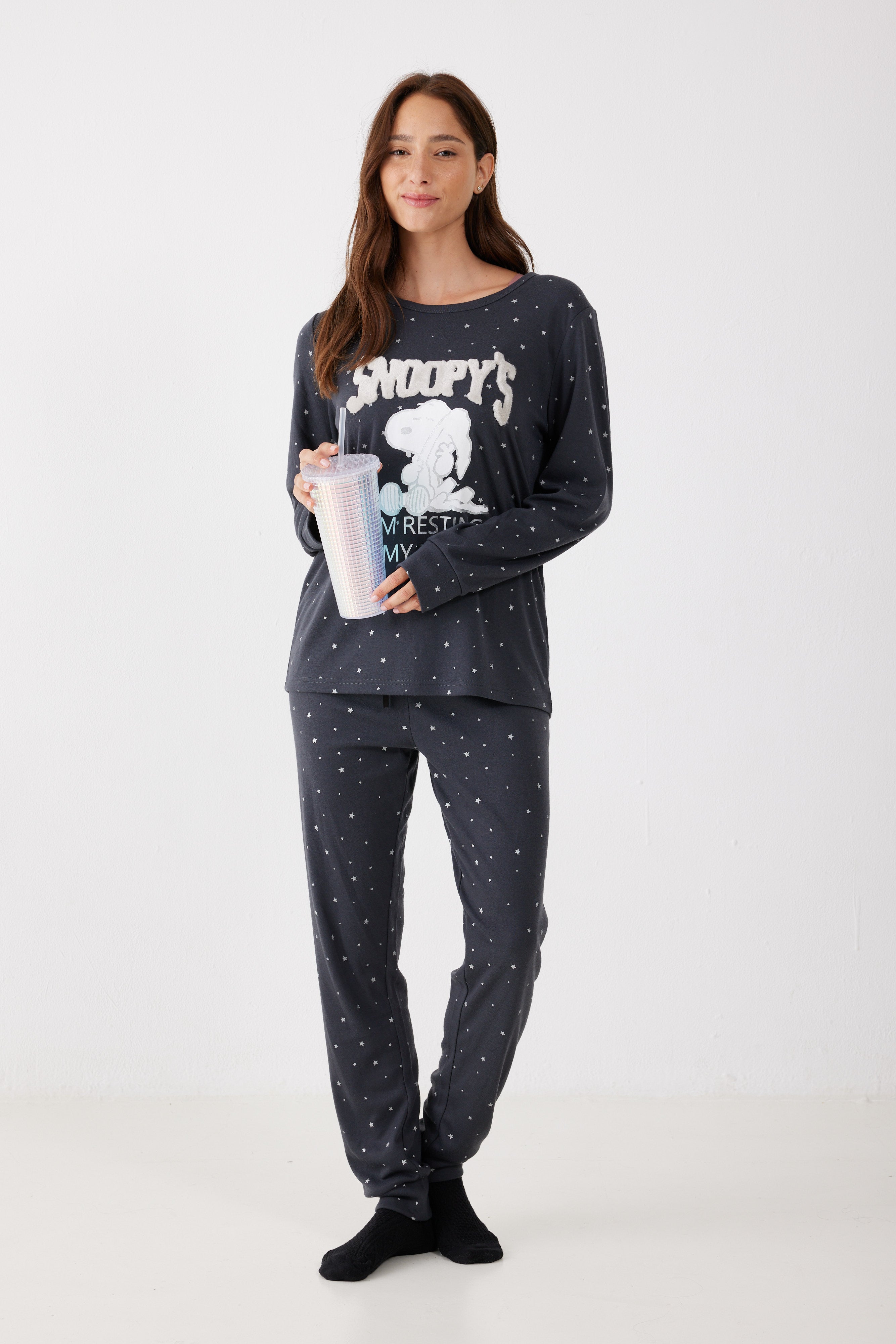 פיג'מה סנופי אינטרלוק - אפור כהה**