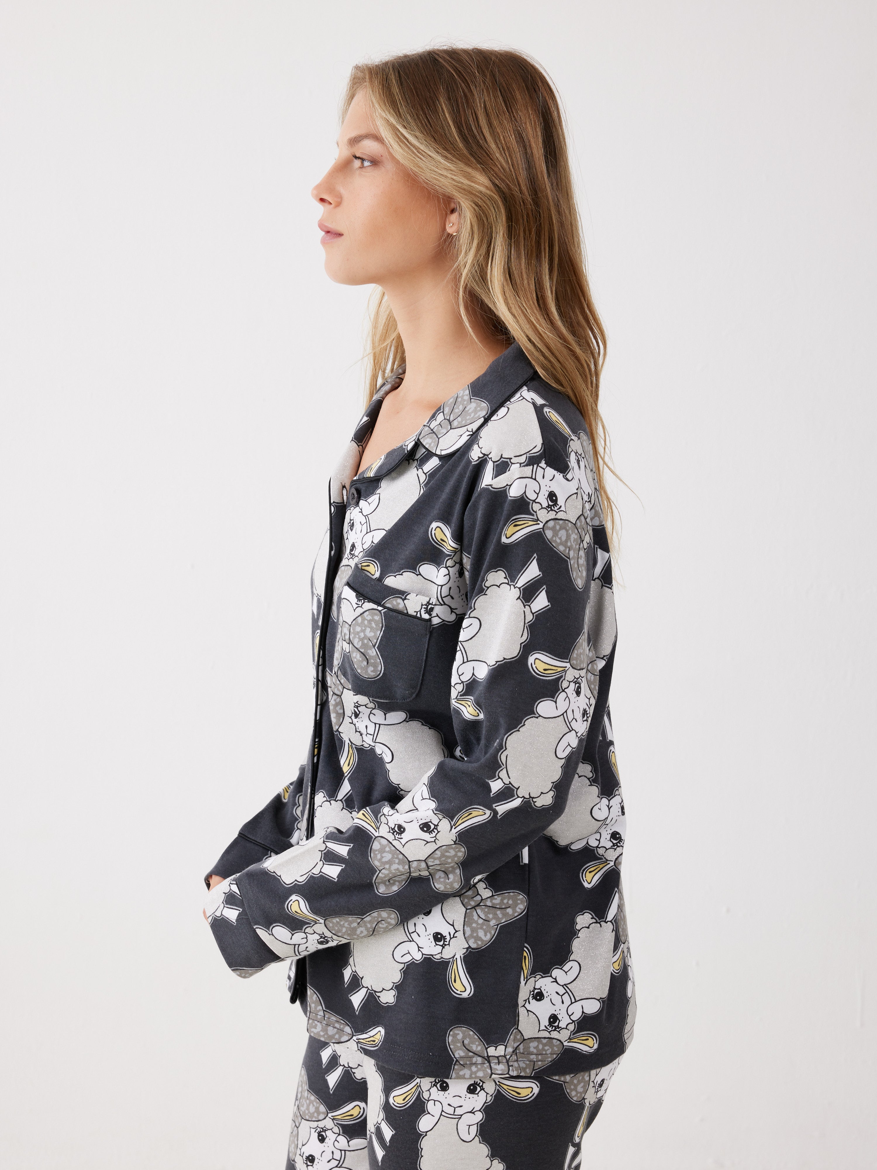 פיג'מה פיפה מכופתרת אינטרלוק - אפור כהה