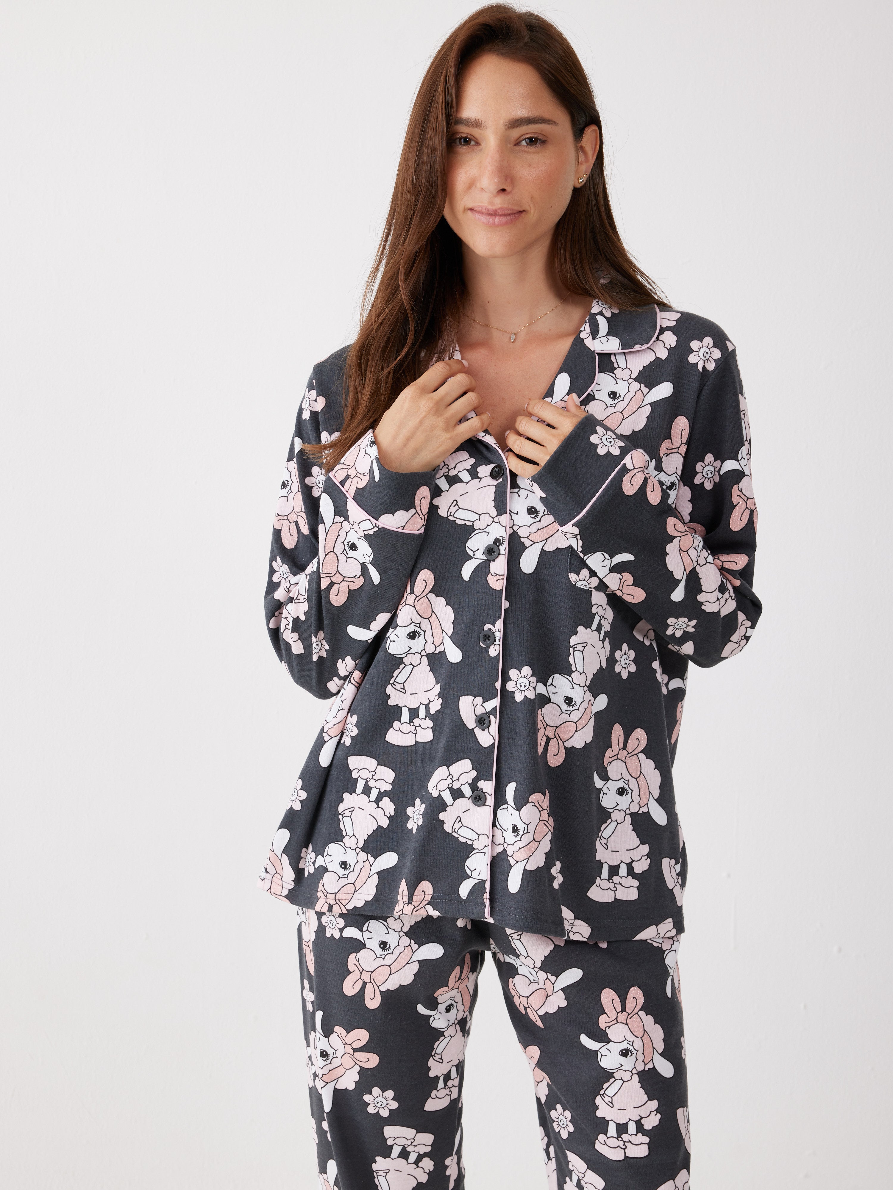פיג'מה פיפה מכופתרת פיפה פרחים - אפור כהה