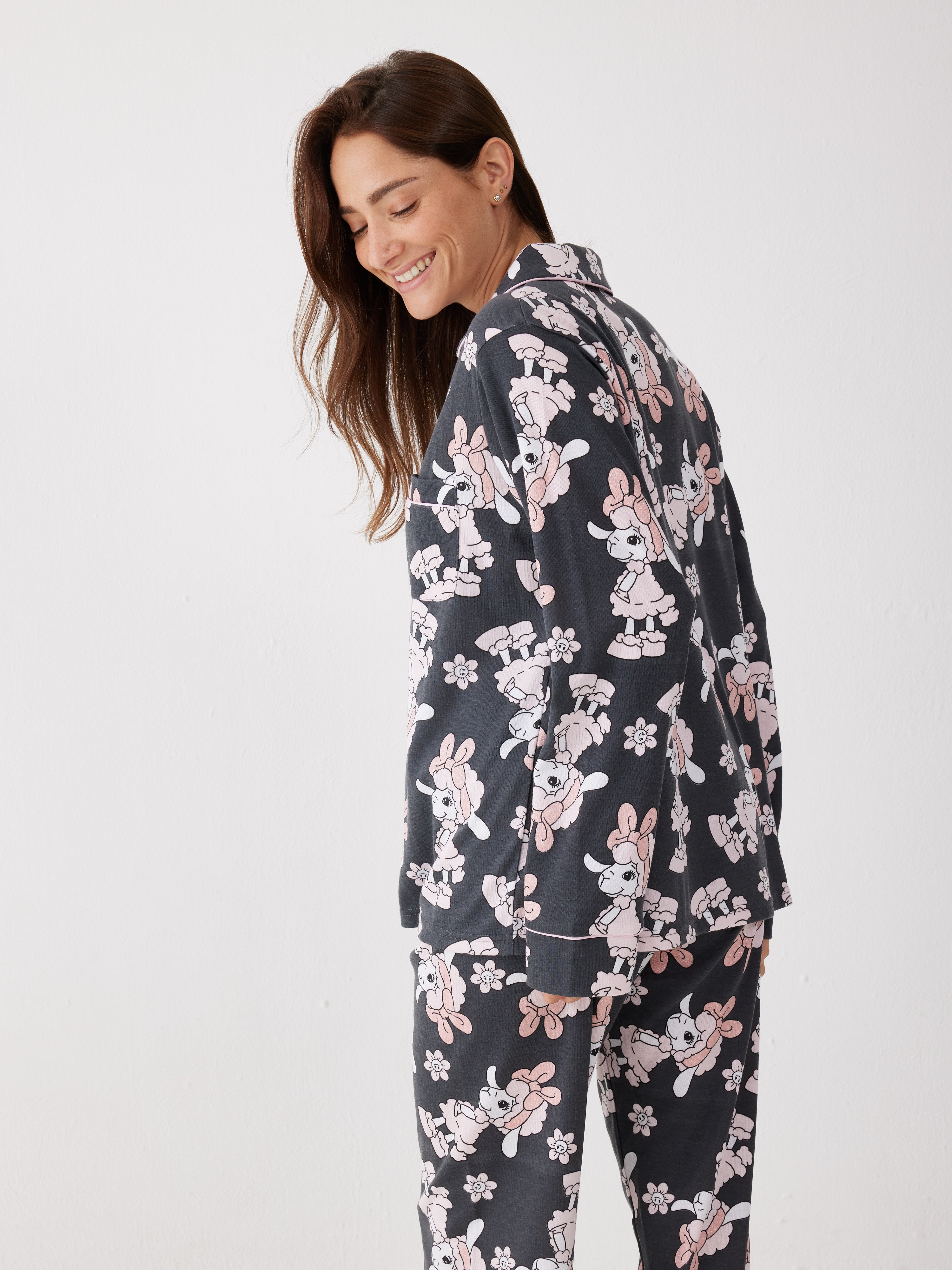 פיג'מה פיפה מכופתרת פיפה פרחים - אפור כהה