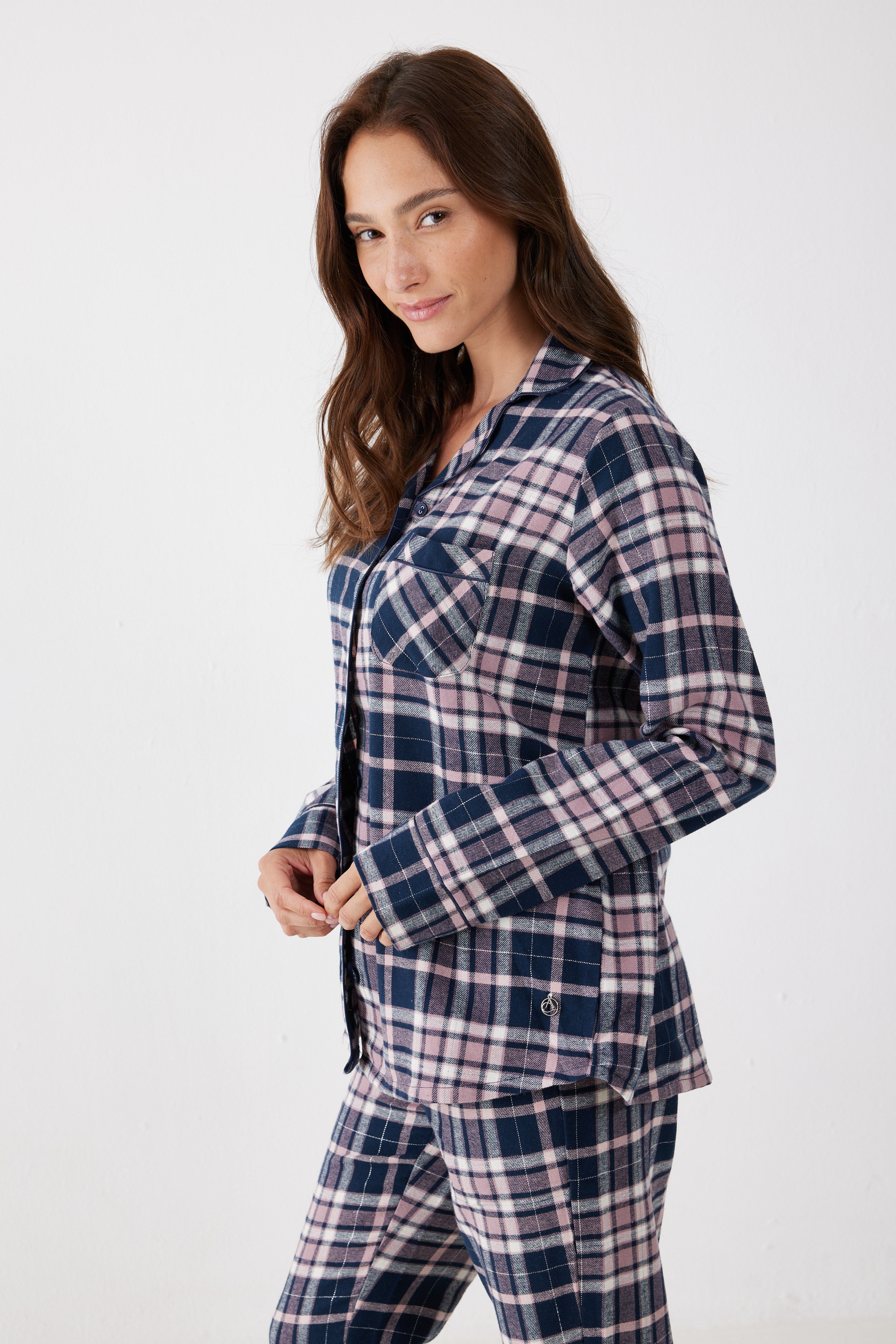 פיג'מה מכופתרת משבצות פלאנל - כחול נייבי