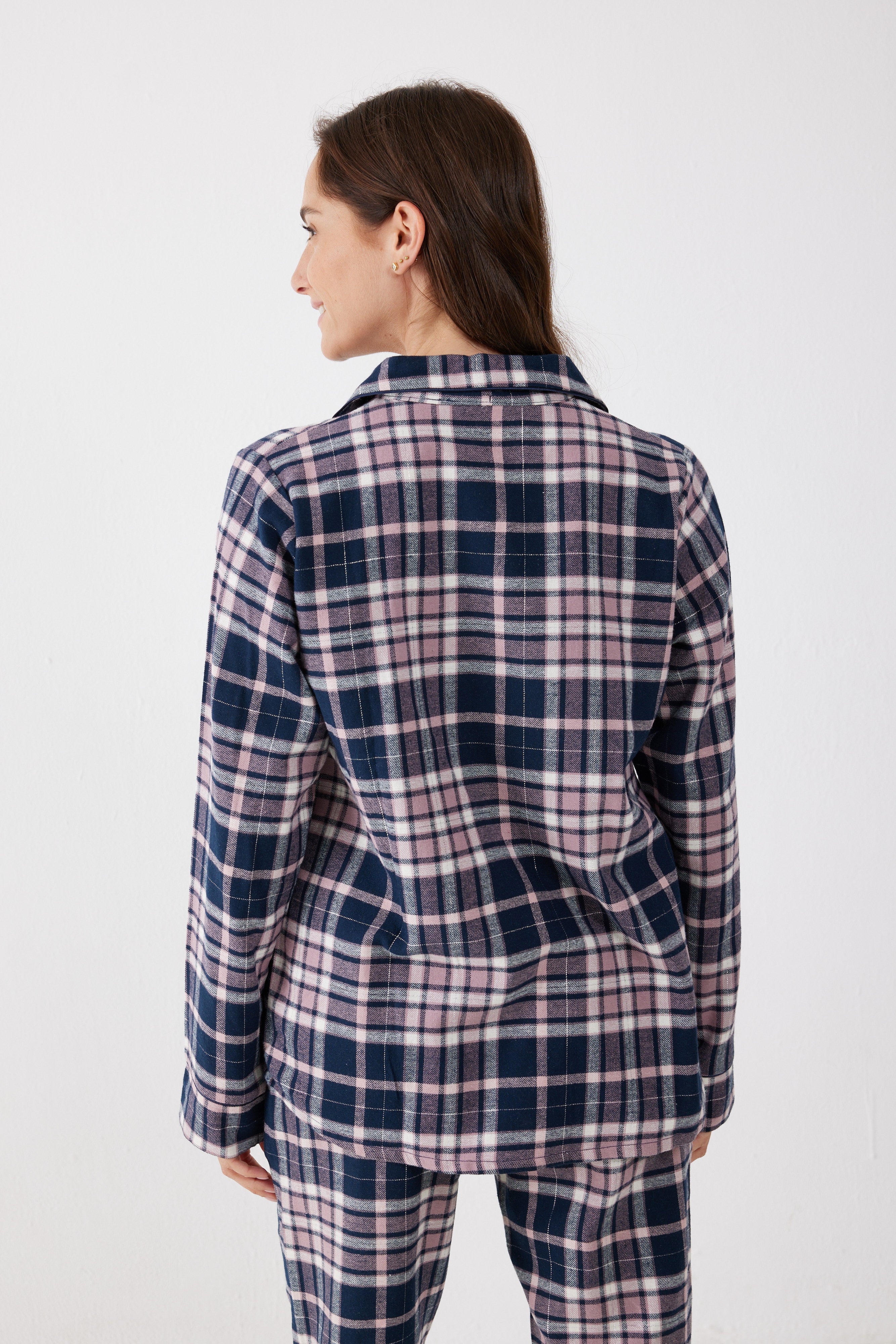 פיג'מה מכופתרת משבצות פלאנל - כחול נייבי