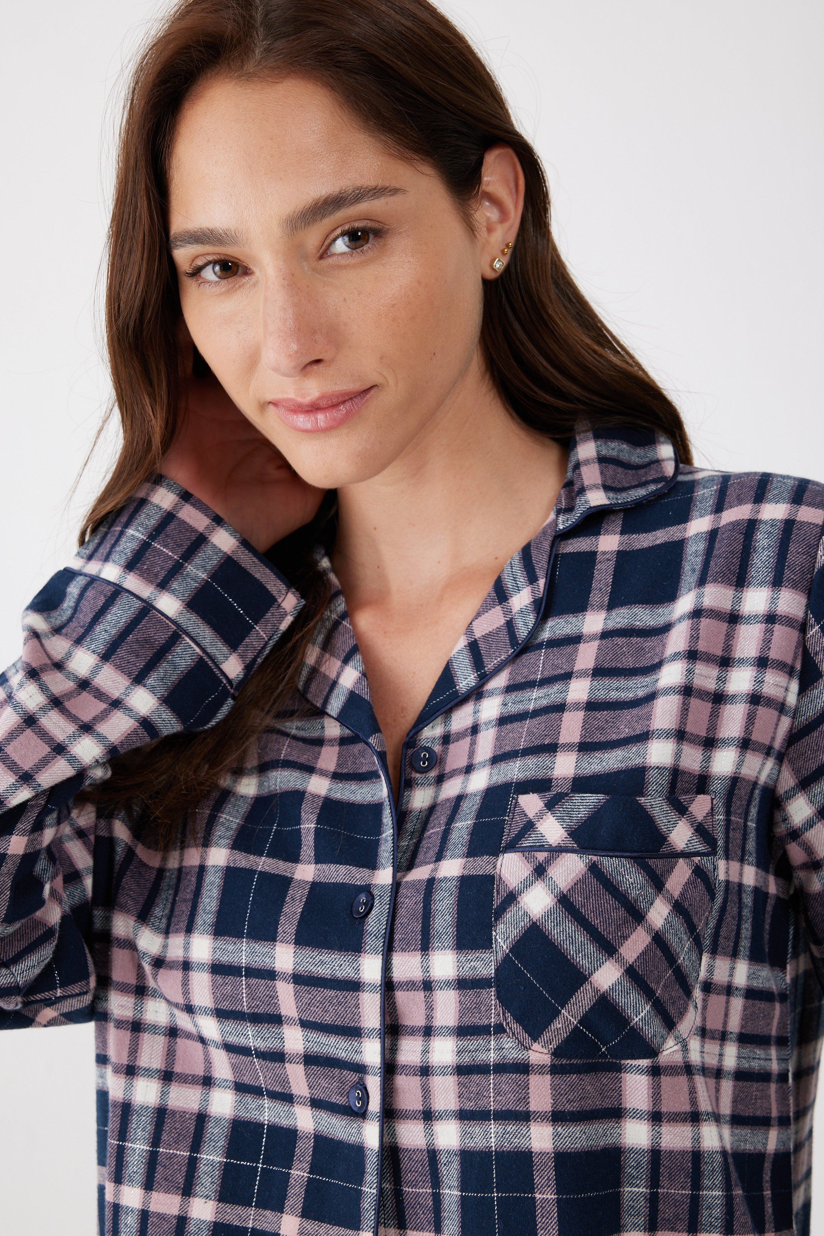 פיג'מה מכופתרת משבצות פלאנל - כחול נייבי