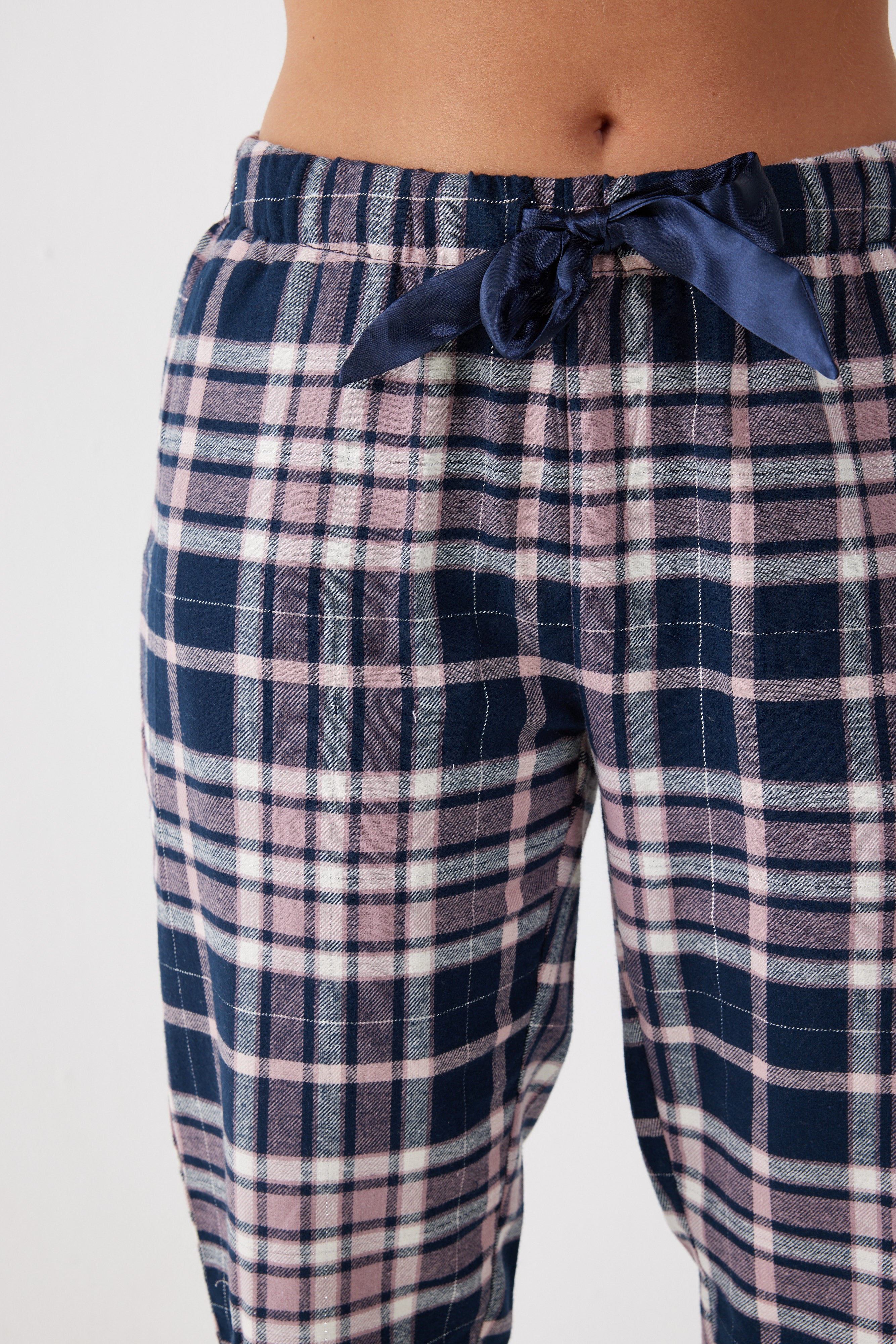 פיג'מה מכופתרת משבצות פלאנל - כחול נייבי