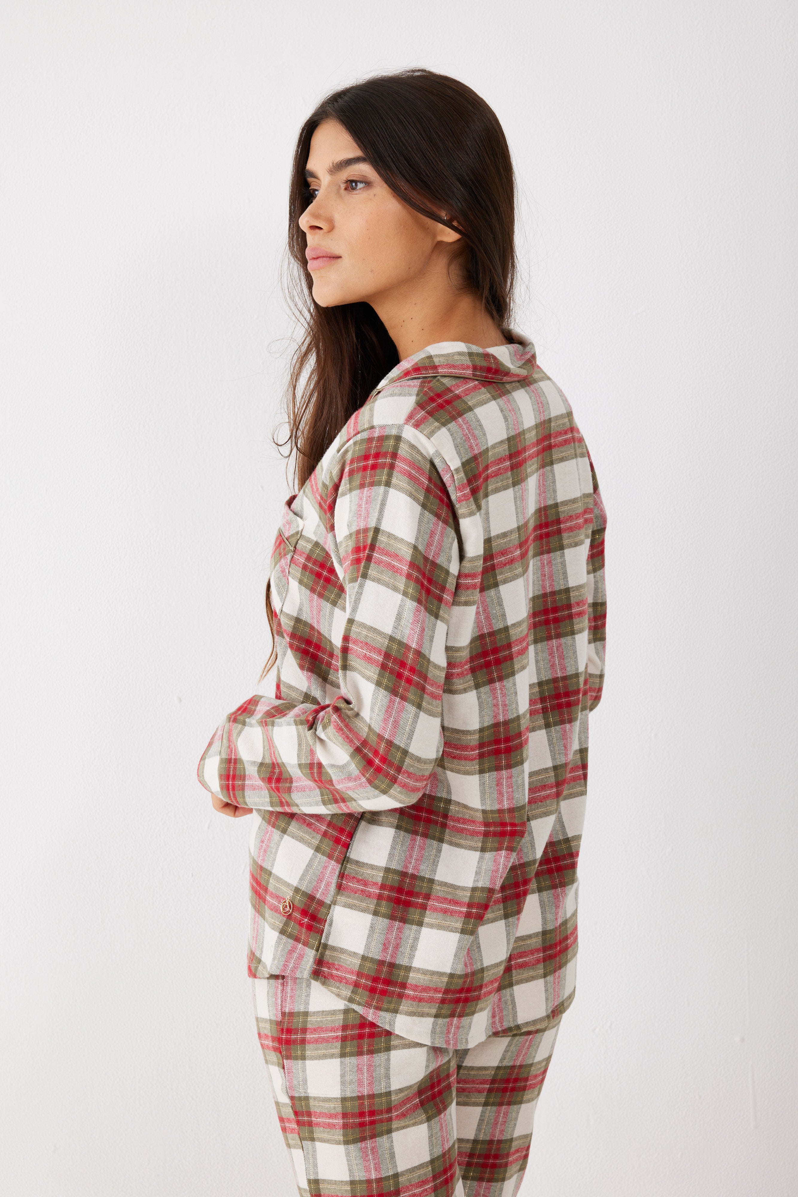 פיג'מה מכופתרת משבצות פלאנל - ירוק זית