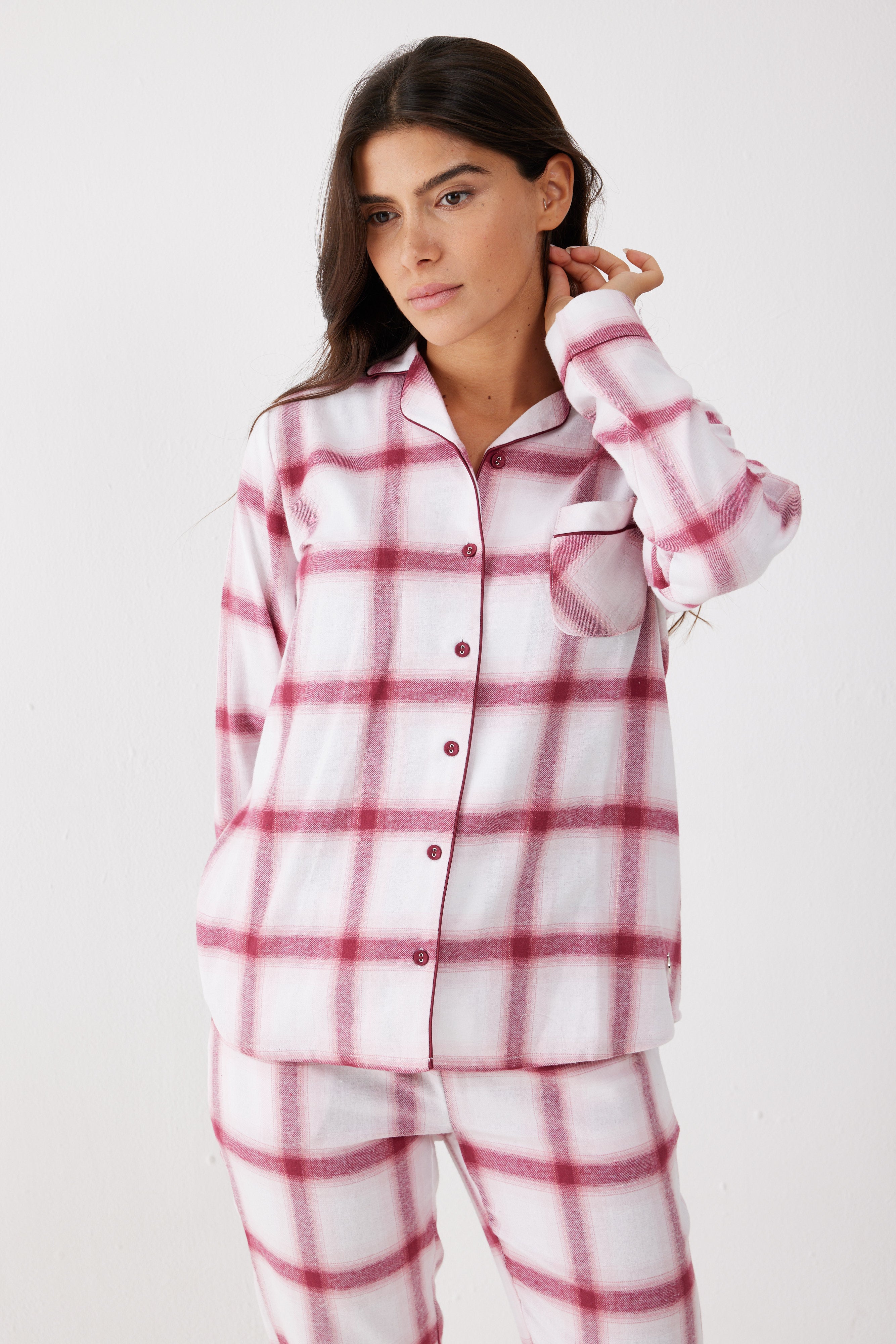 פיג'מה מכופתרת משבצות פלאנל - בורדו