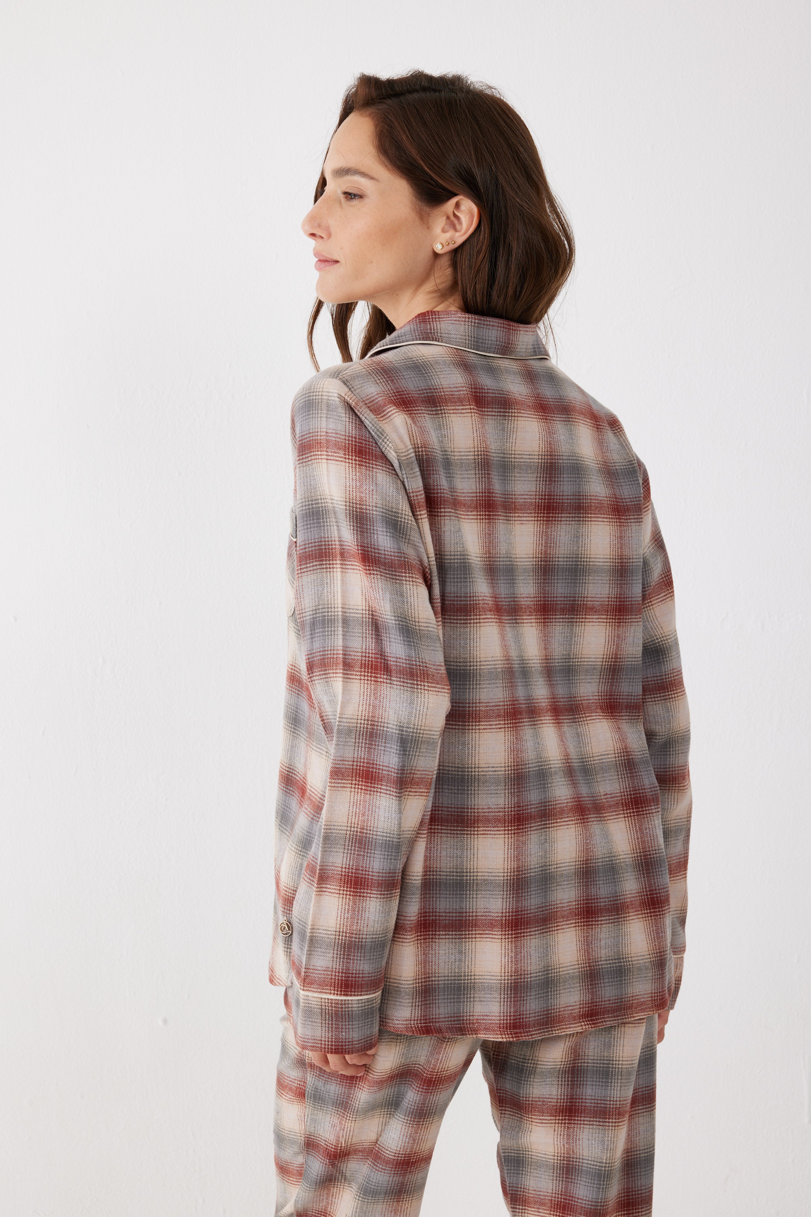 פיג'מה מכופתרת משבצות פלאנל - חול