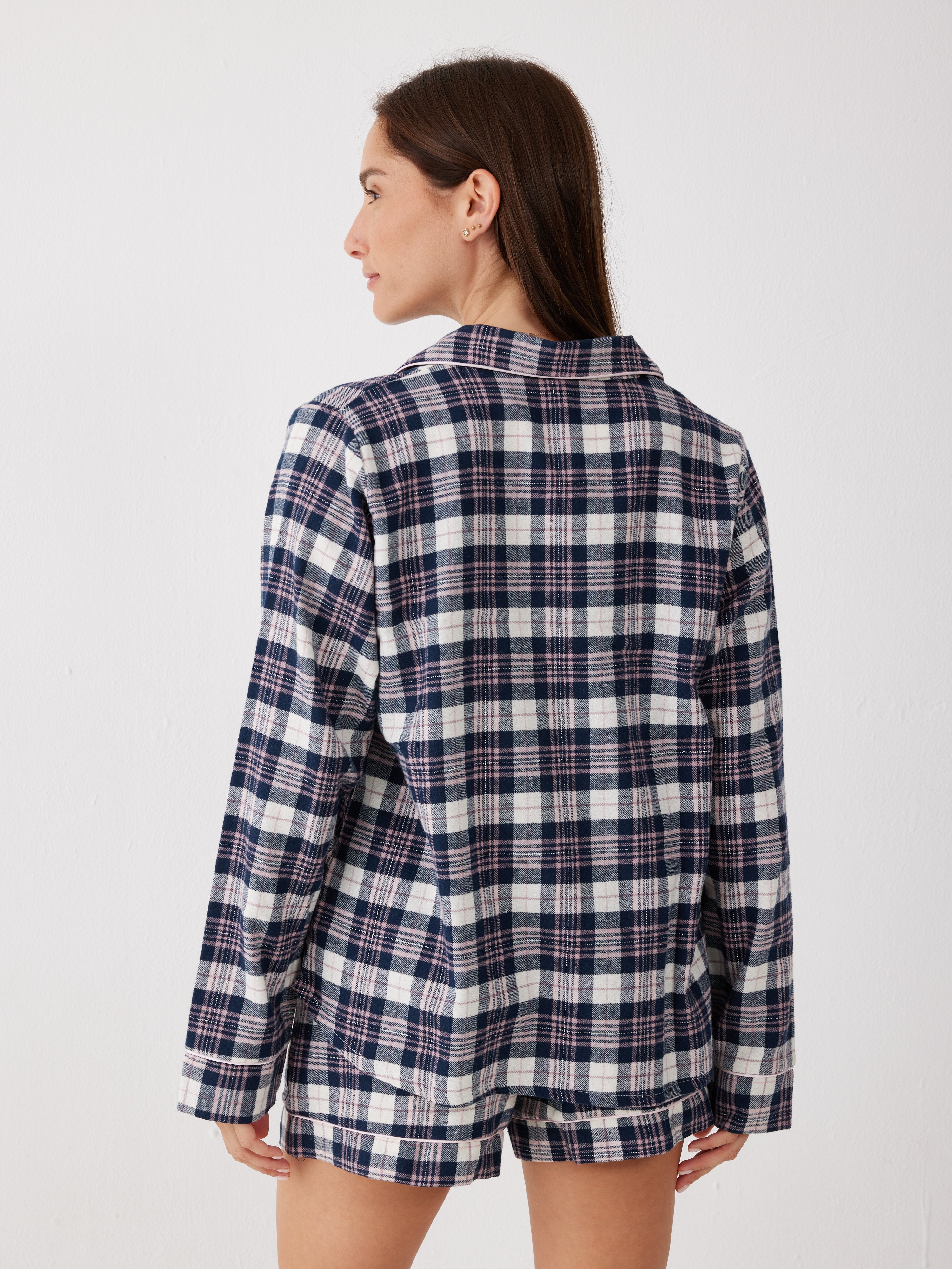 פיג'מת פלנל מכופתרת מכנס קצר - כחול נייבי