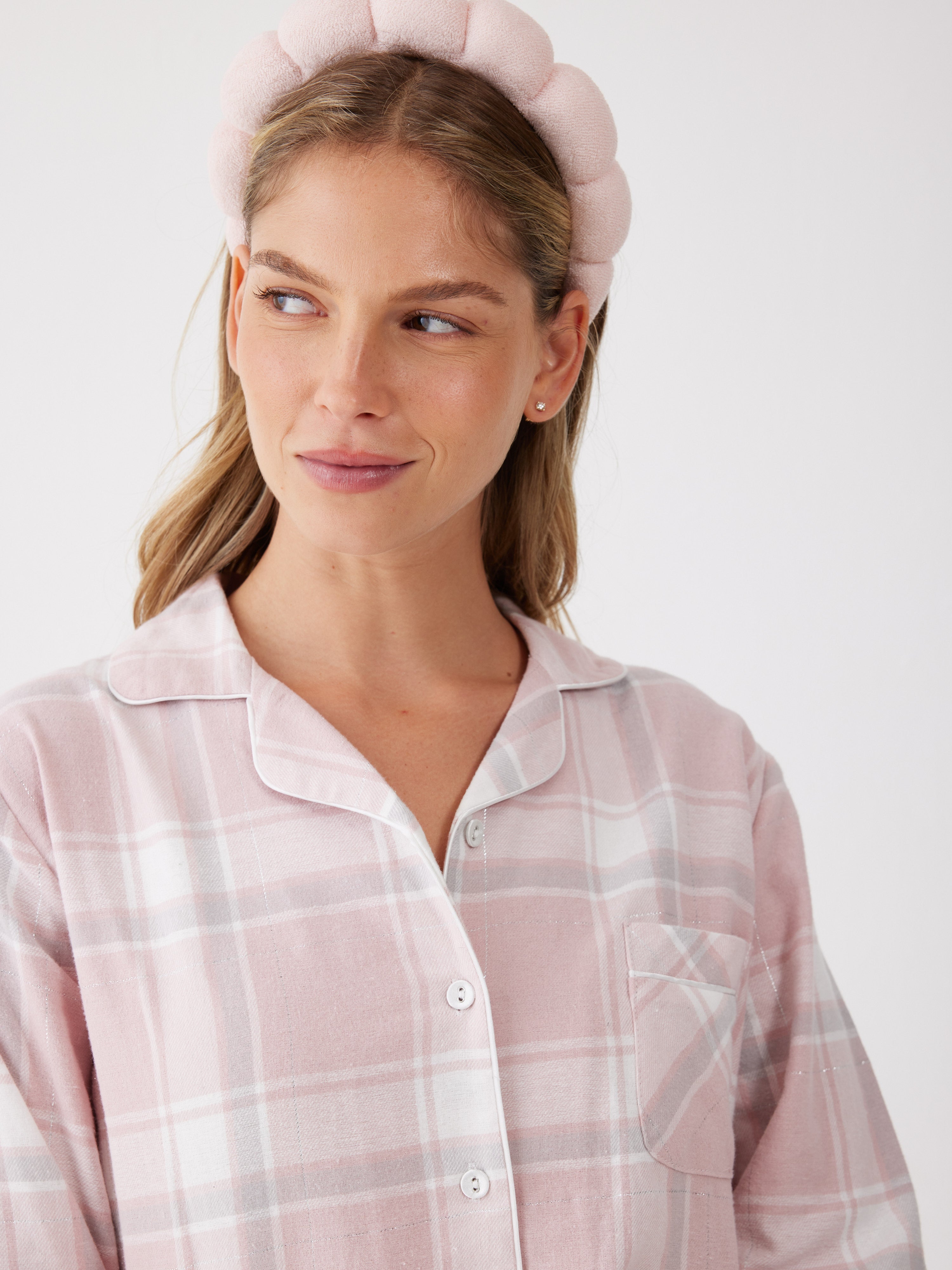 פיג'מת פלנל מכופתרת מכנס קצר - ורוד מעושן