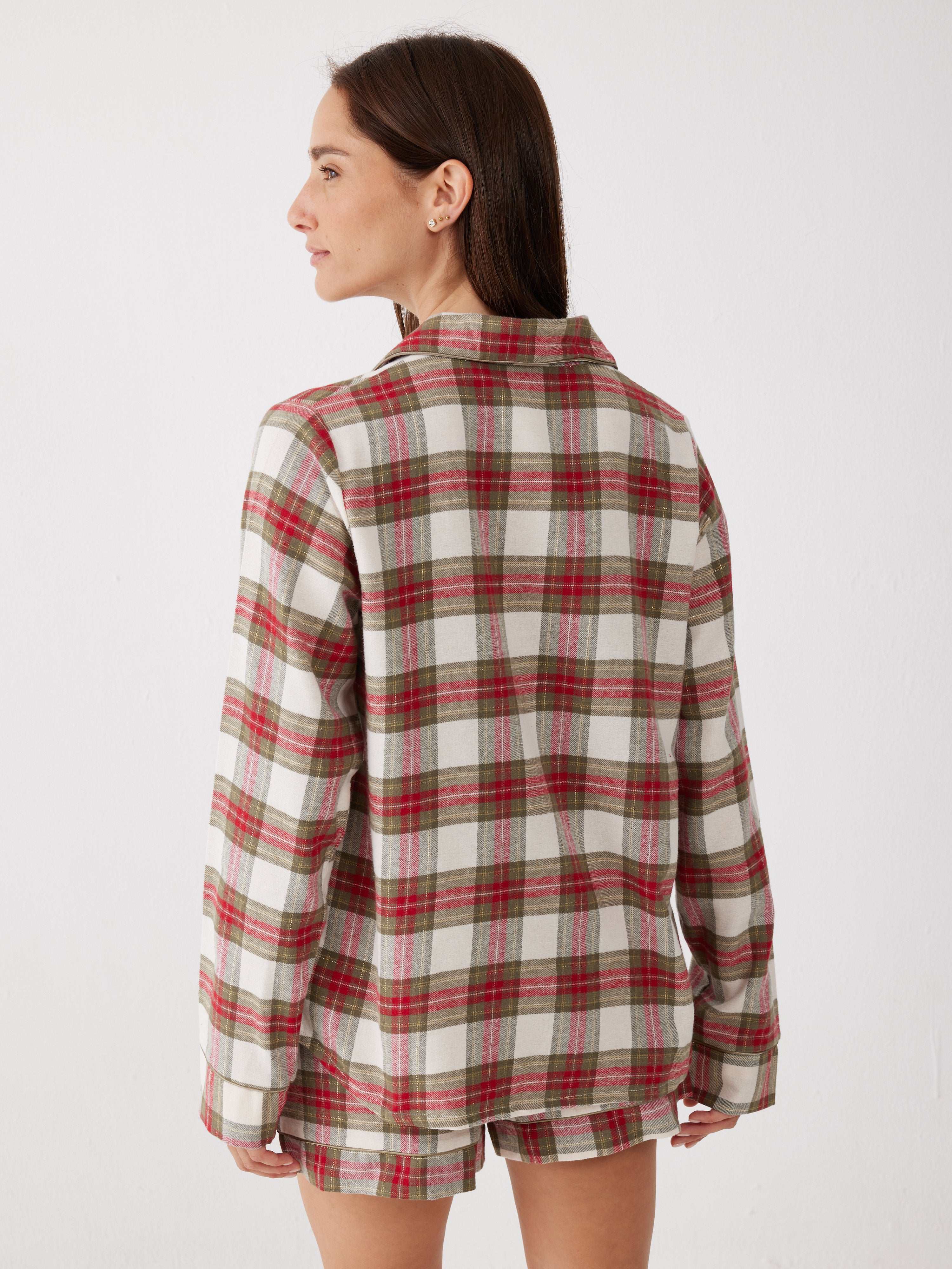 פיג'מה קצרה מכופתרת משבצות פלאנל - ירוק זית