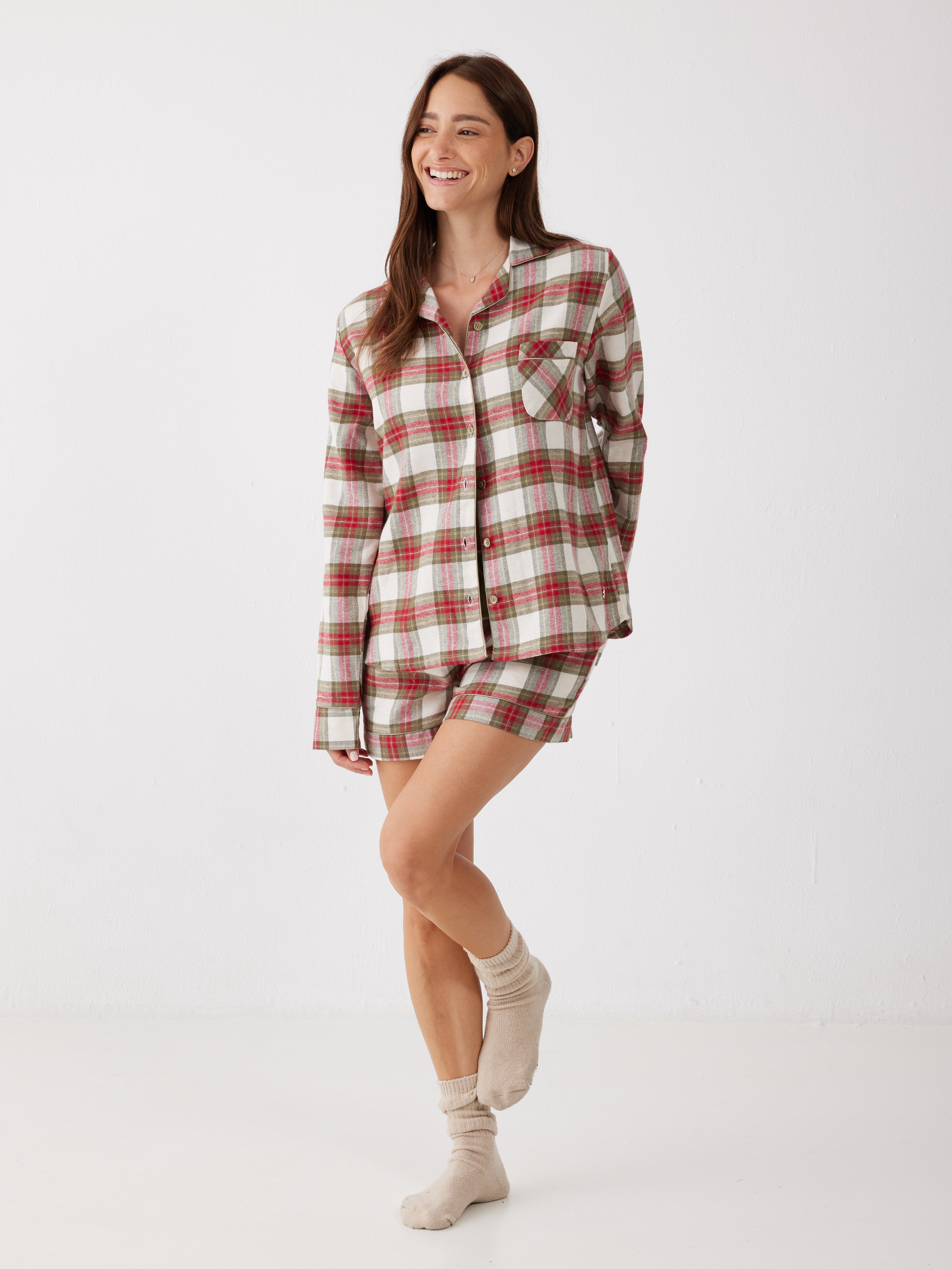 פיג'מה קצרה מכופתרת משבצות פלאנל - ירוק זית