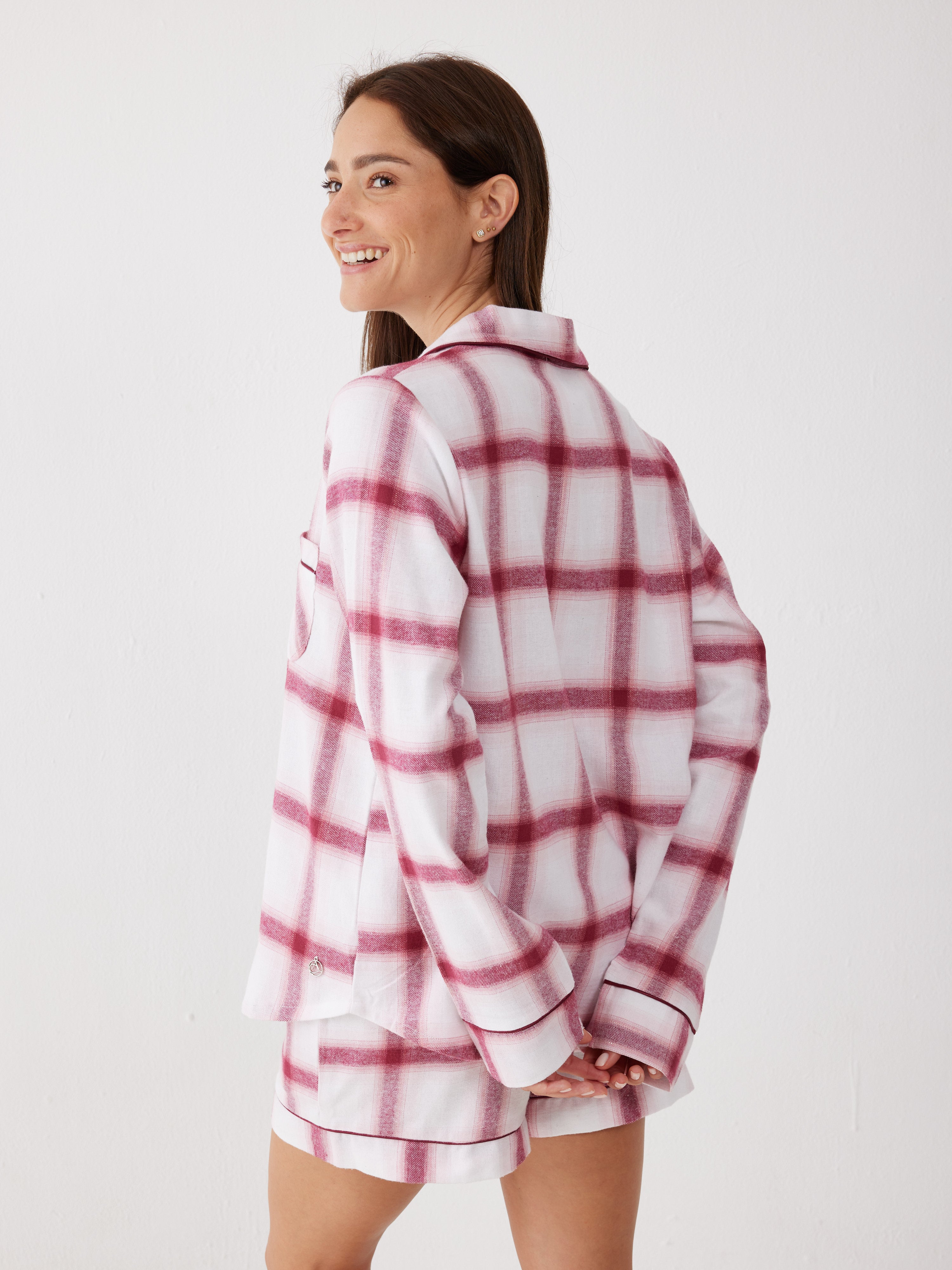 פיג'מה קצרה מכופתרת משבצות פלאנל - בורדו