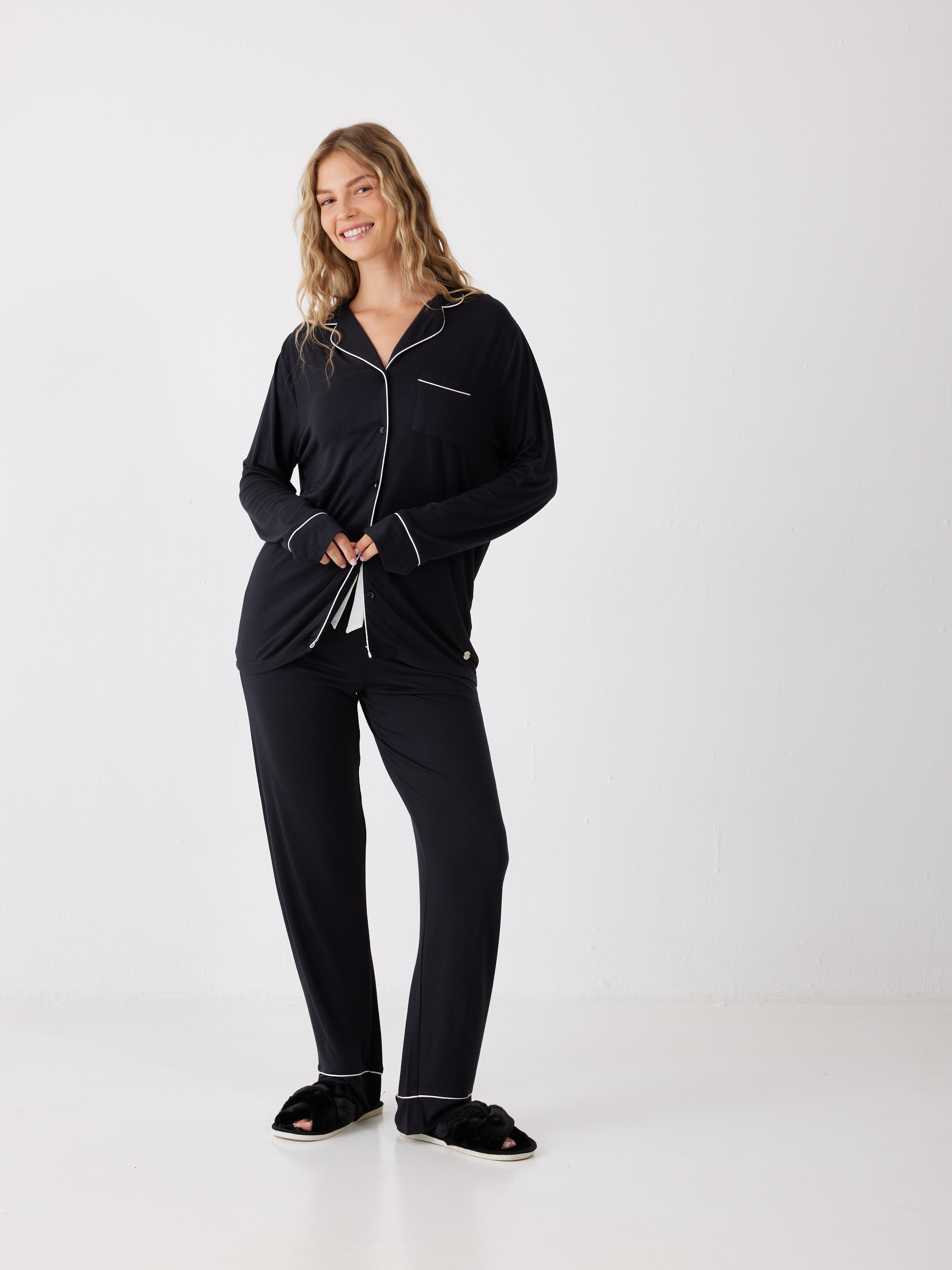 פיג'מה מכופתרת פספול ויסקוזה - שחור