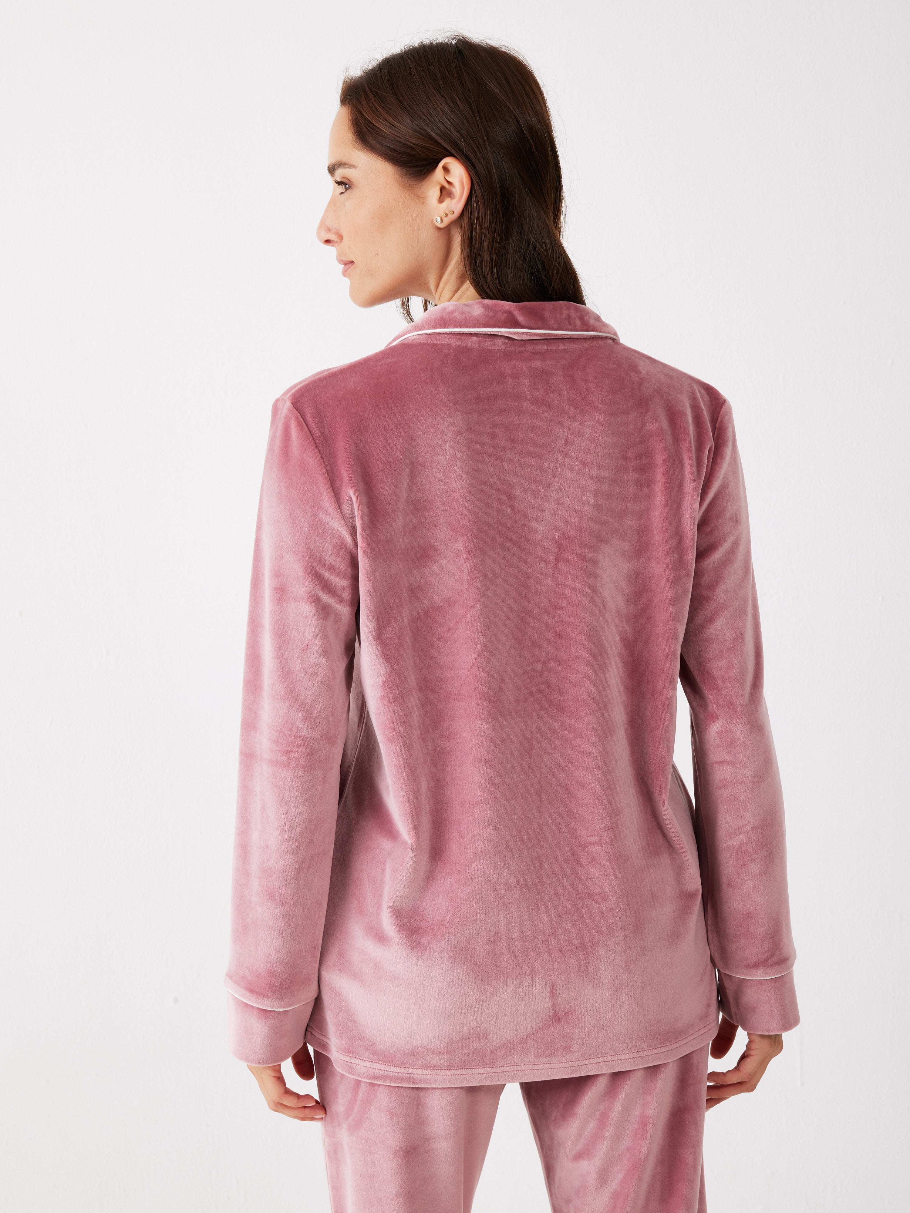 פיג'מה מכופתרת פספול קטיפה - ורוד מעושן