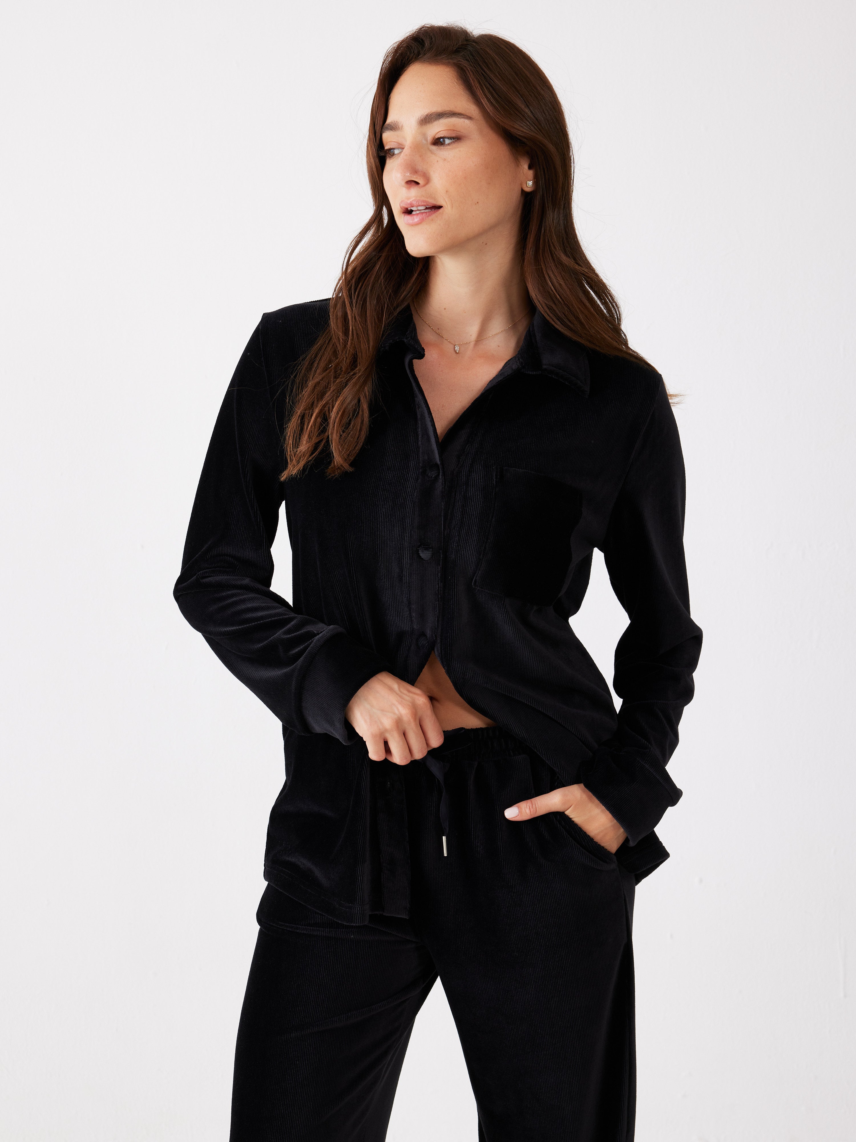 חליפה מכופתרת פסים קטיפה - שחור