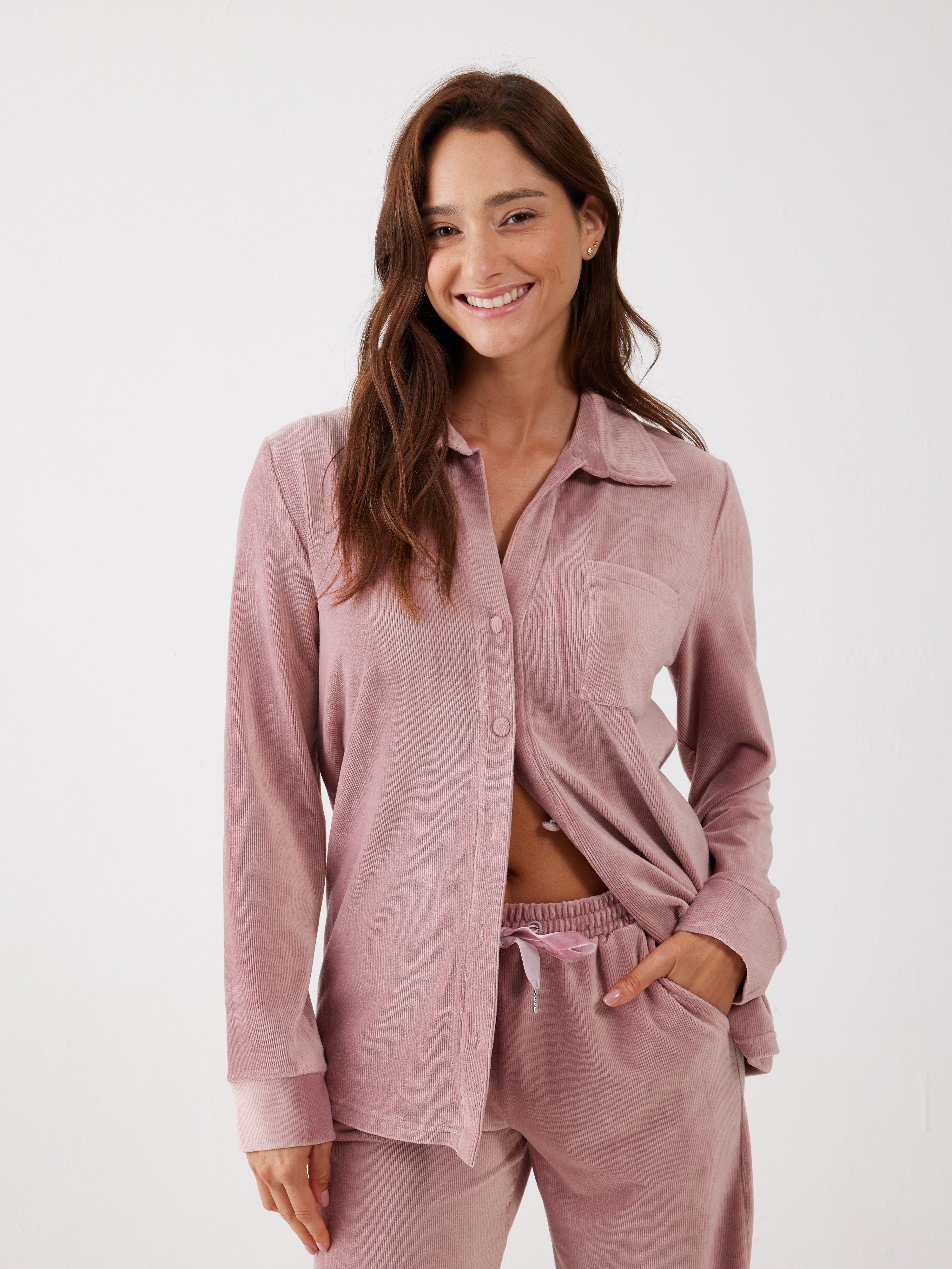 חליפה מכופתרת פסים קטיפה - ורוד מעושן