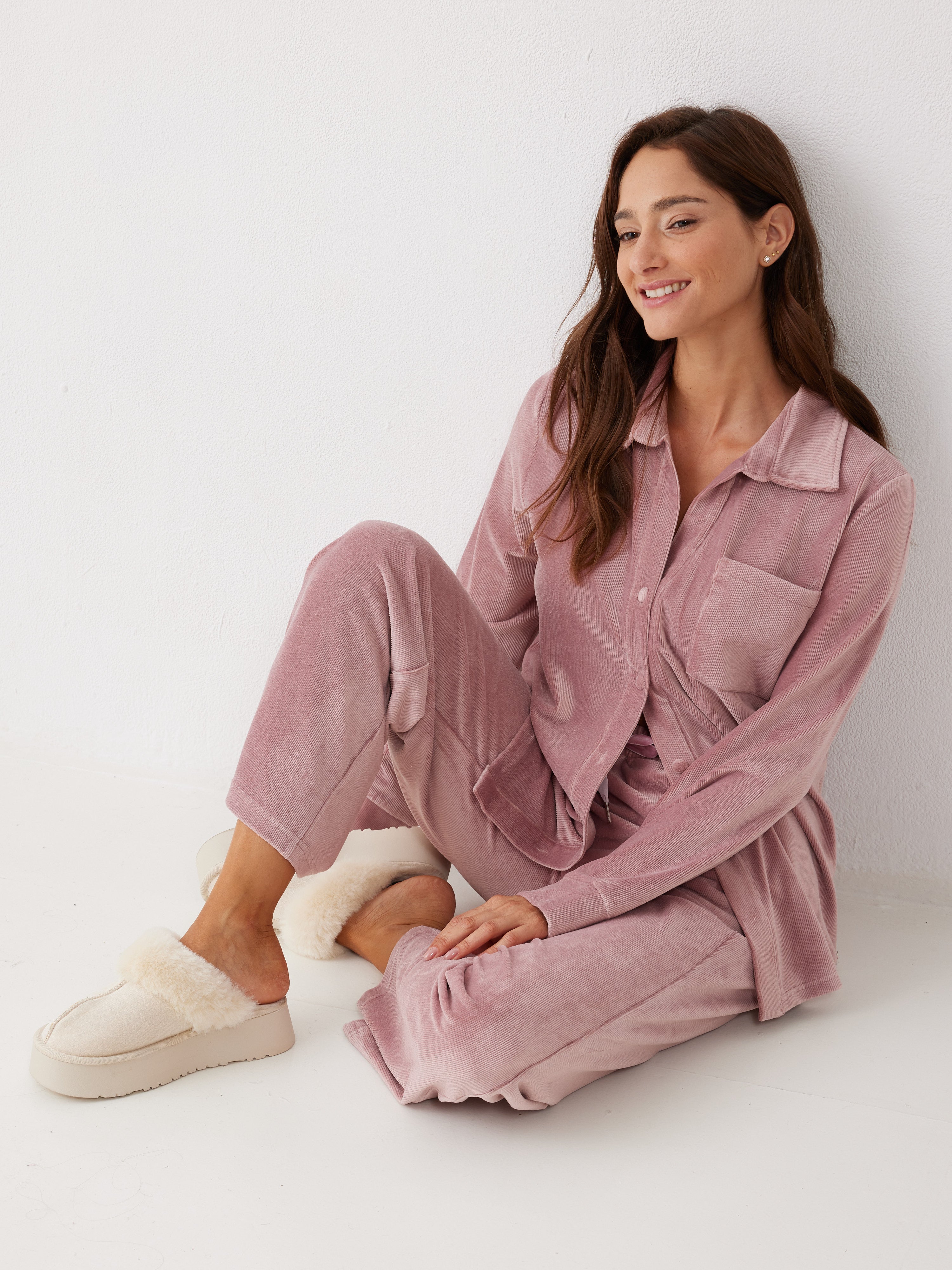 חליפה מכופתרת פסים קטיפה - ורוד מעושן