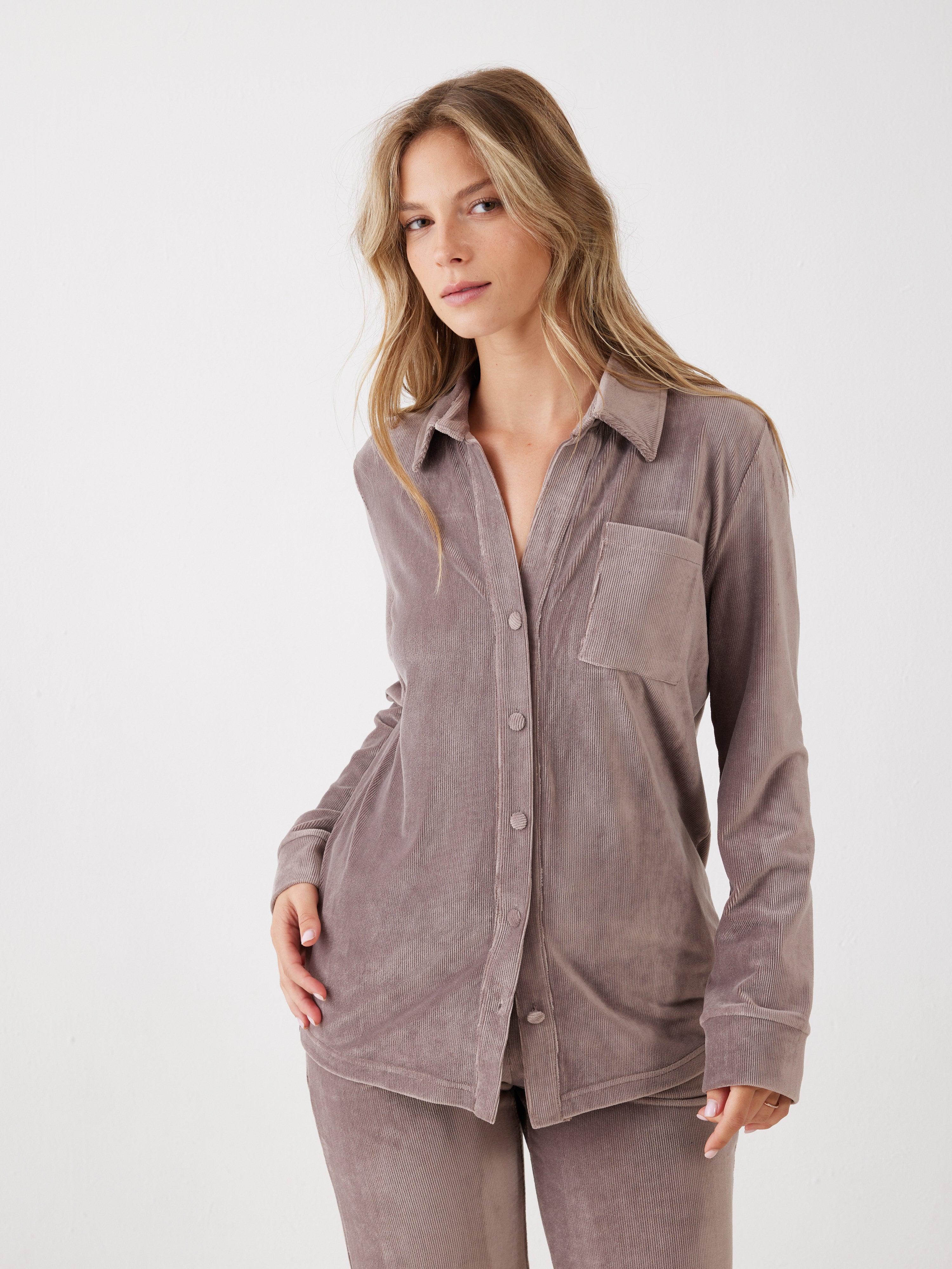 חליפה מכופתרת פסים קטיפה - קפה