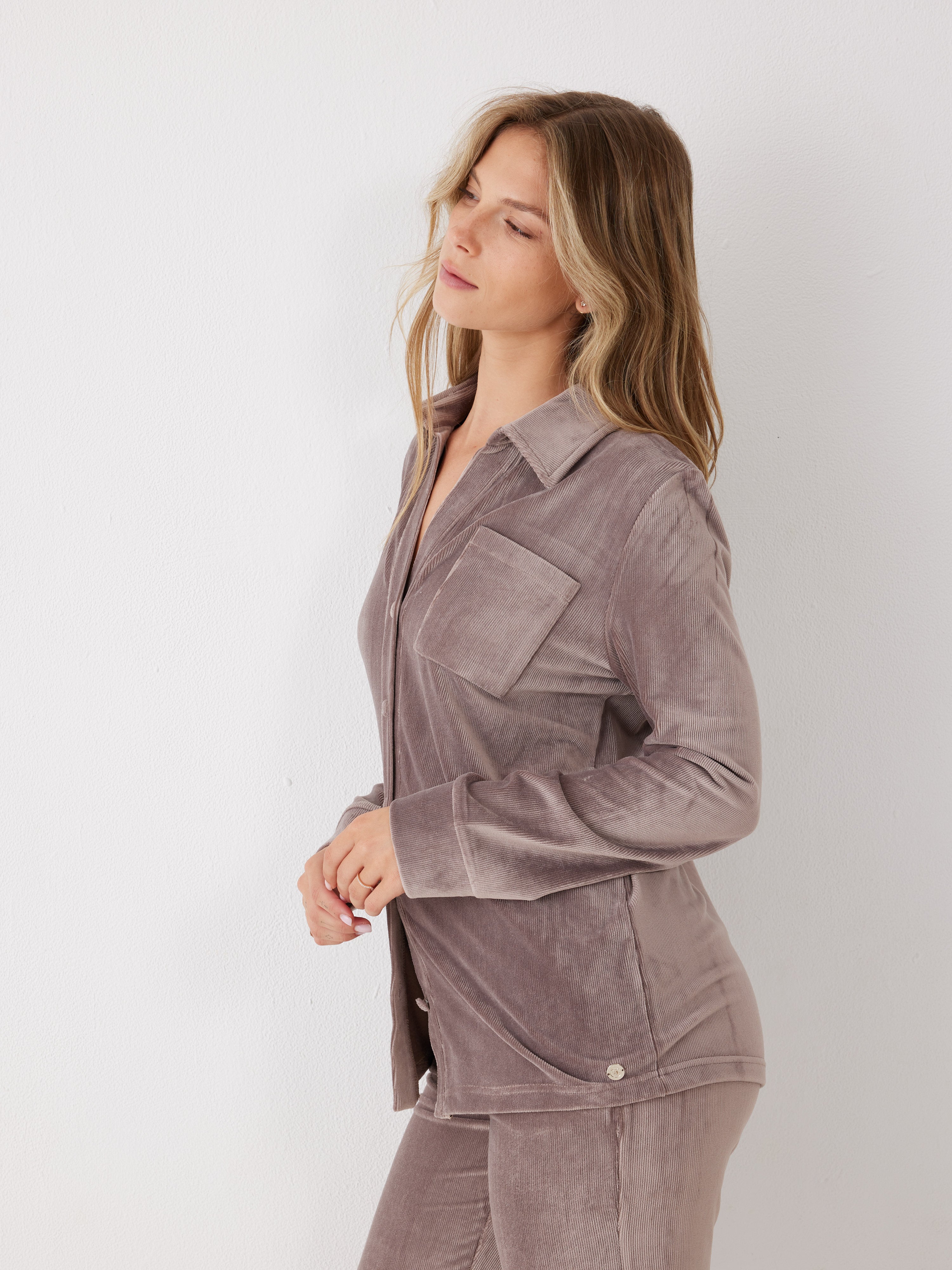 חליפה מכופתרת פסים קטיפה - קפה