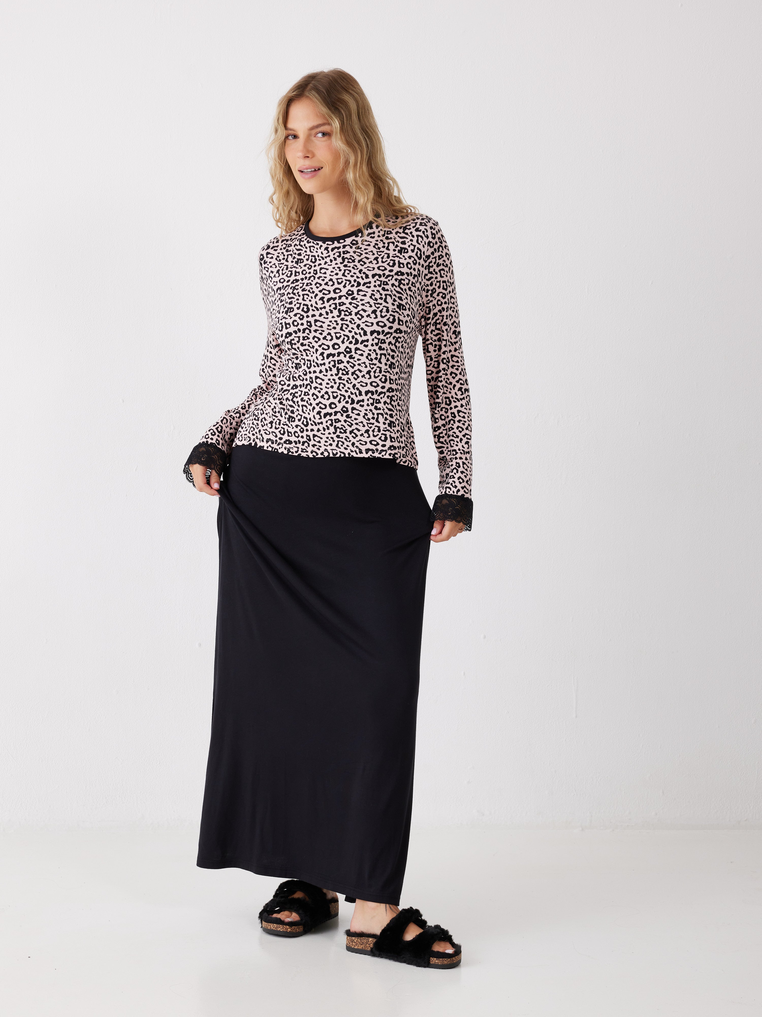 כותונת שרוול 3/4 מנומרת ויסקוזה - ורוד