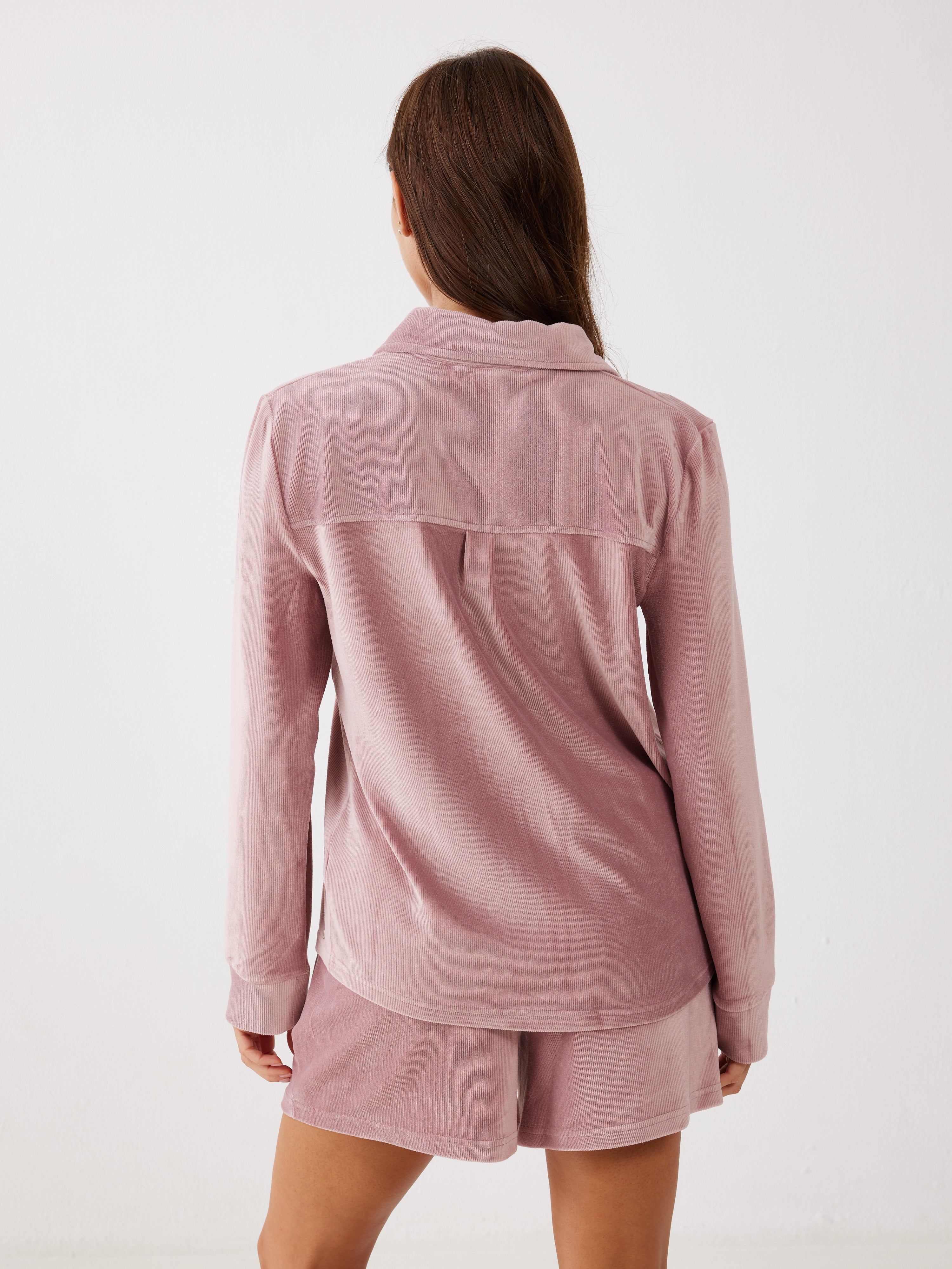 חליפה מכופתרת קצרה פסים קטיפה -  ורוד מעושן