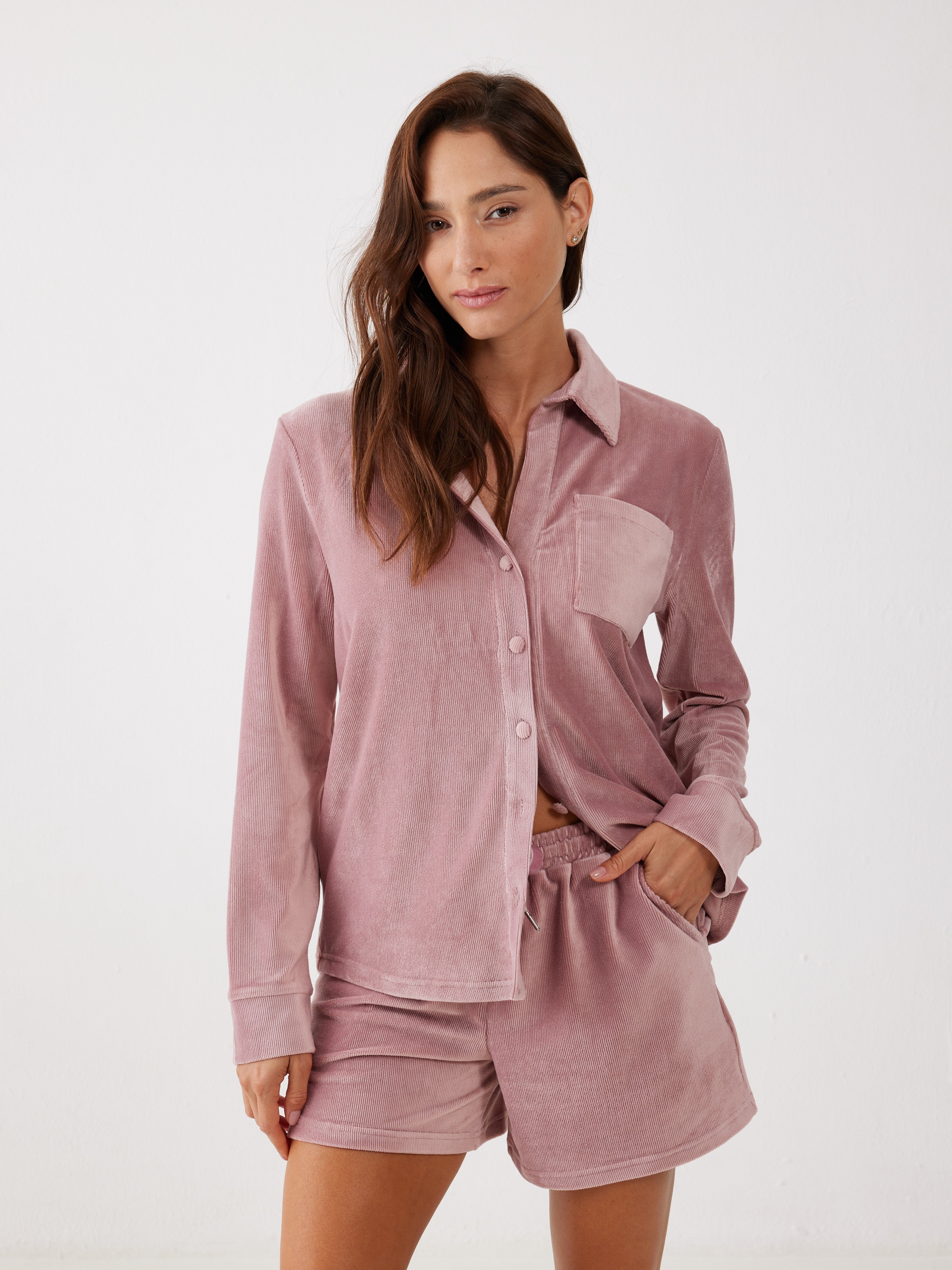 חליפה מכופתרת קצרה פסים קטיפה -  ורוד מעושן