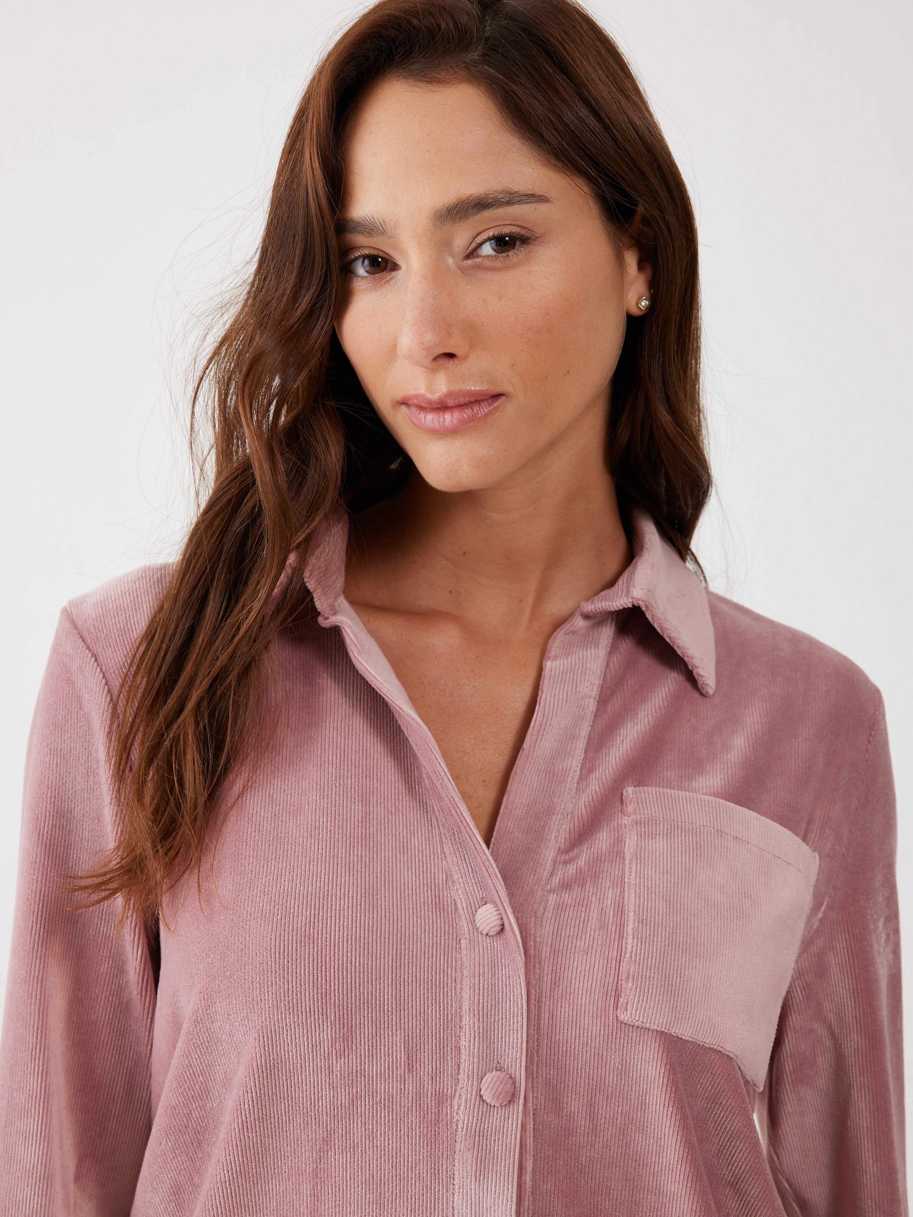 חליפה מכופתרת קצרה פסים קטיפה -  ורוד מעושן