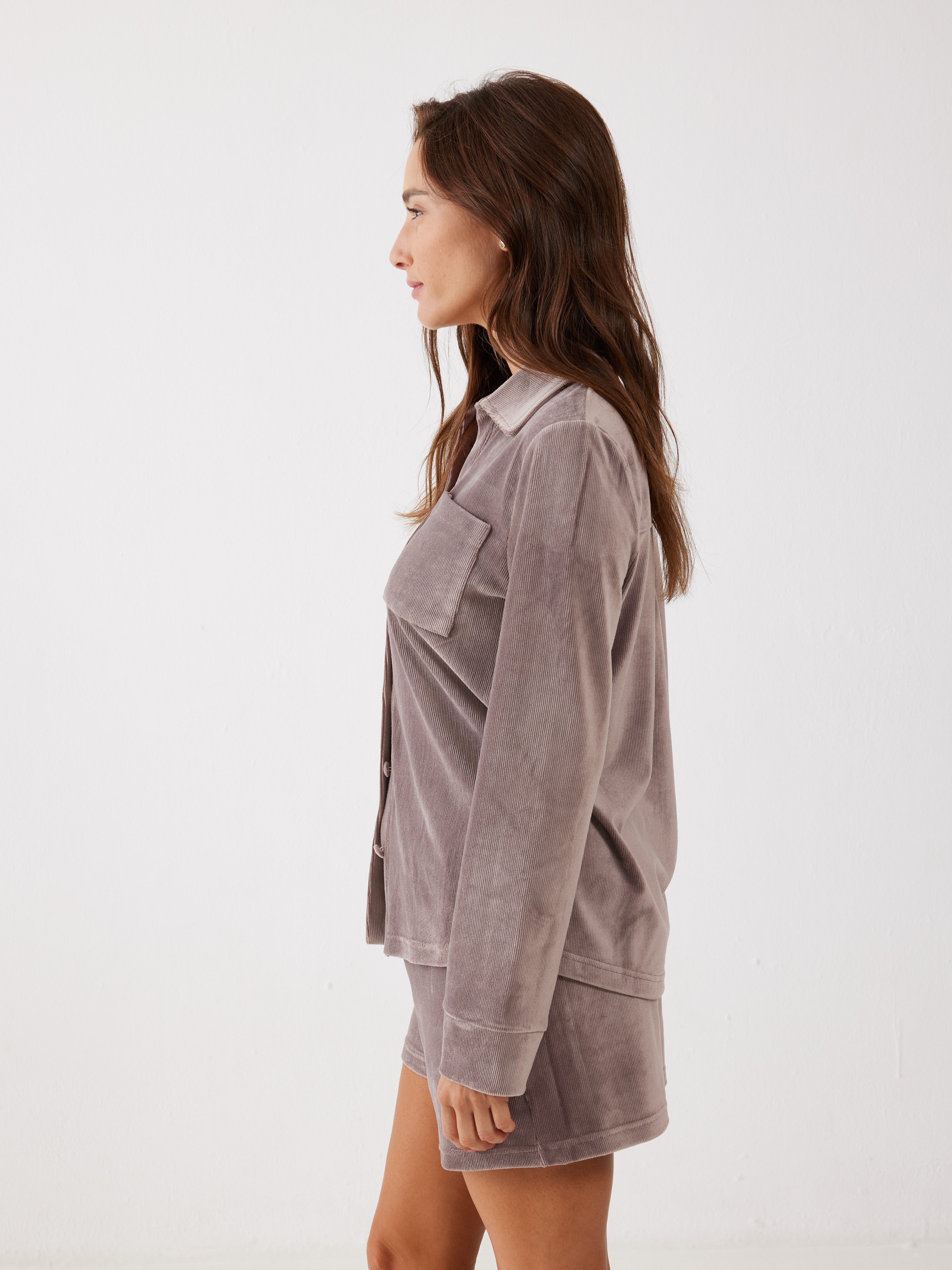 חליפה מכופתרת קצרה פסים קטיפה -  קפה