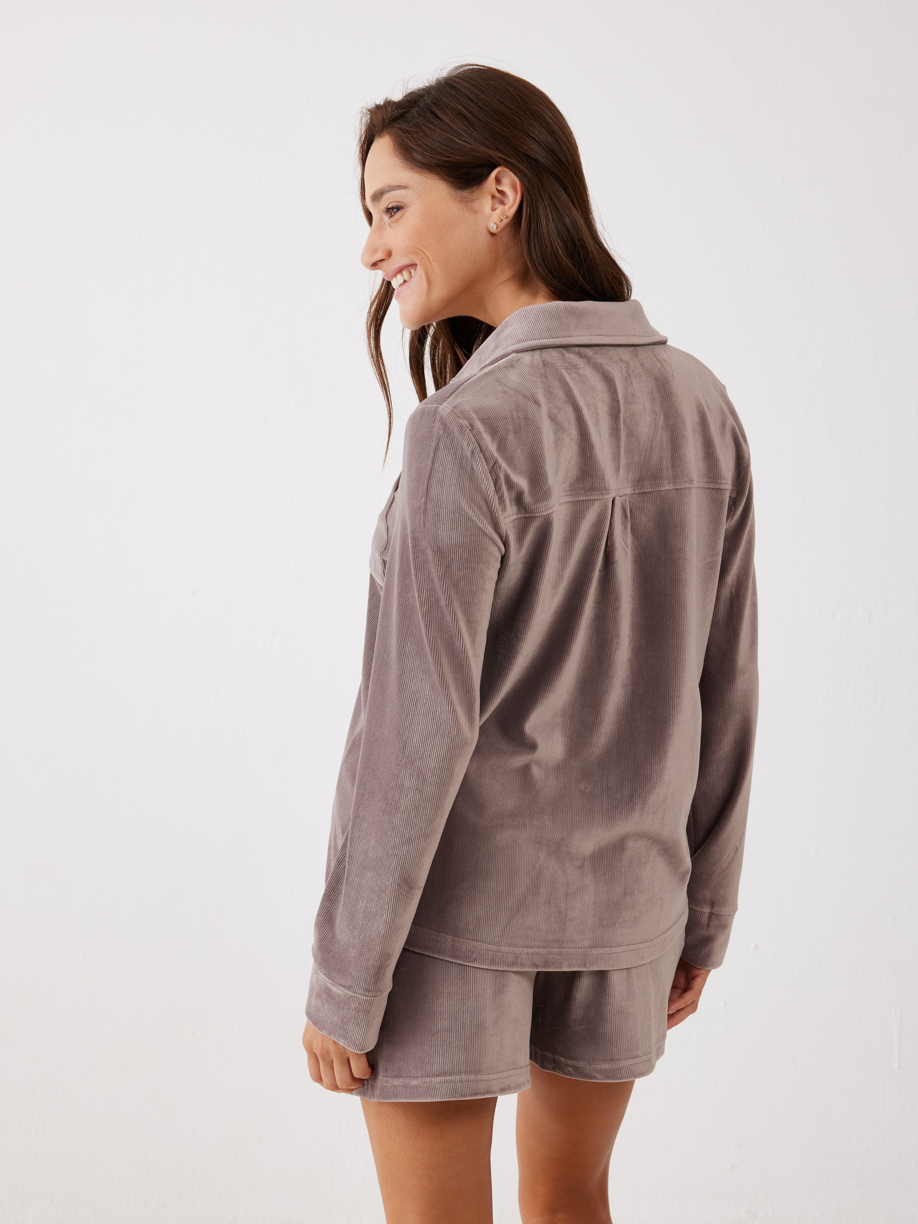 חליפה מכופתרת קצרה פסים קטיפה -  קפה