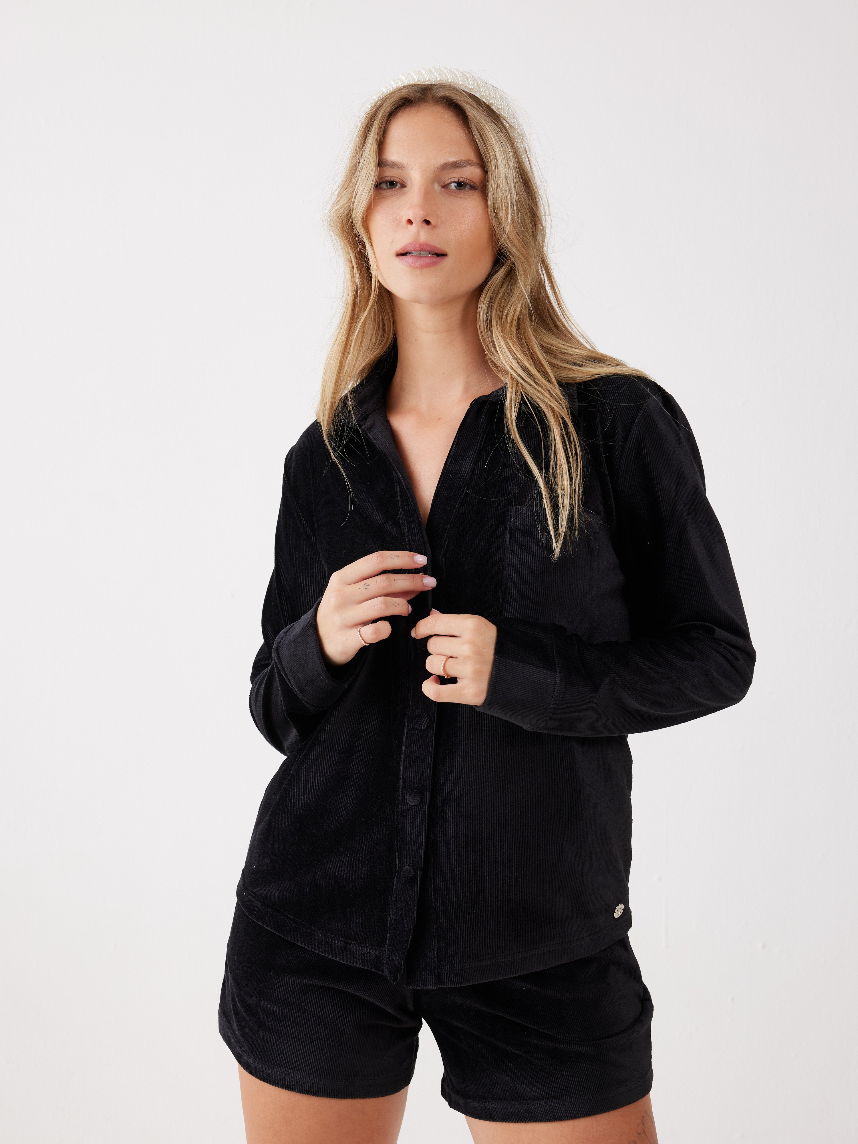 חליפה מכופתרת קצרה פסים קטיפה - שחור