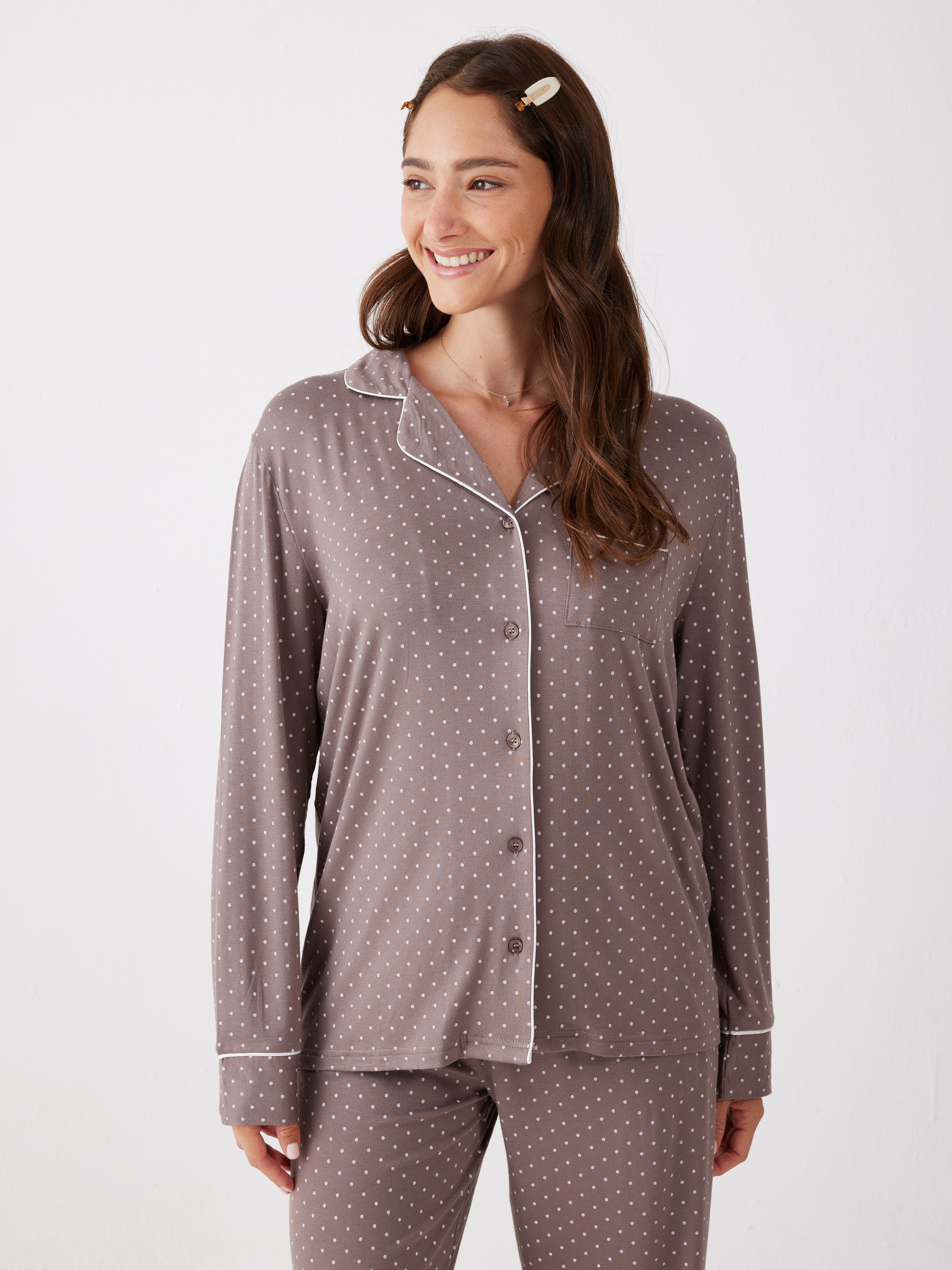 פיג'מה מכופתרת נקודות ויסקוזה - חום