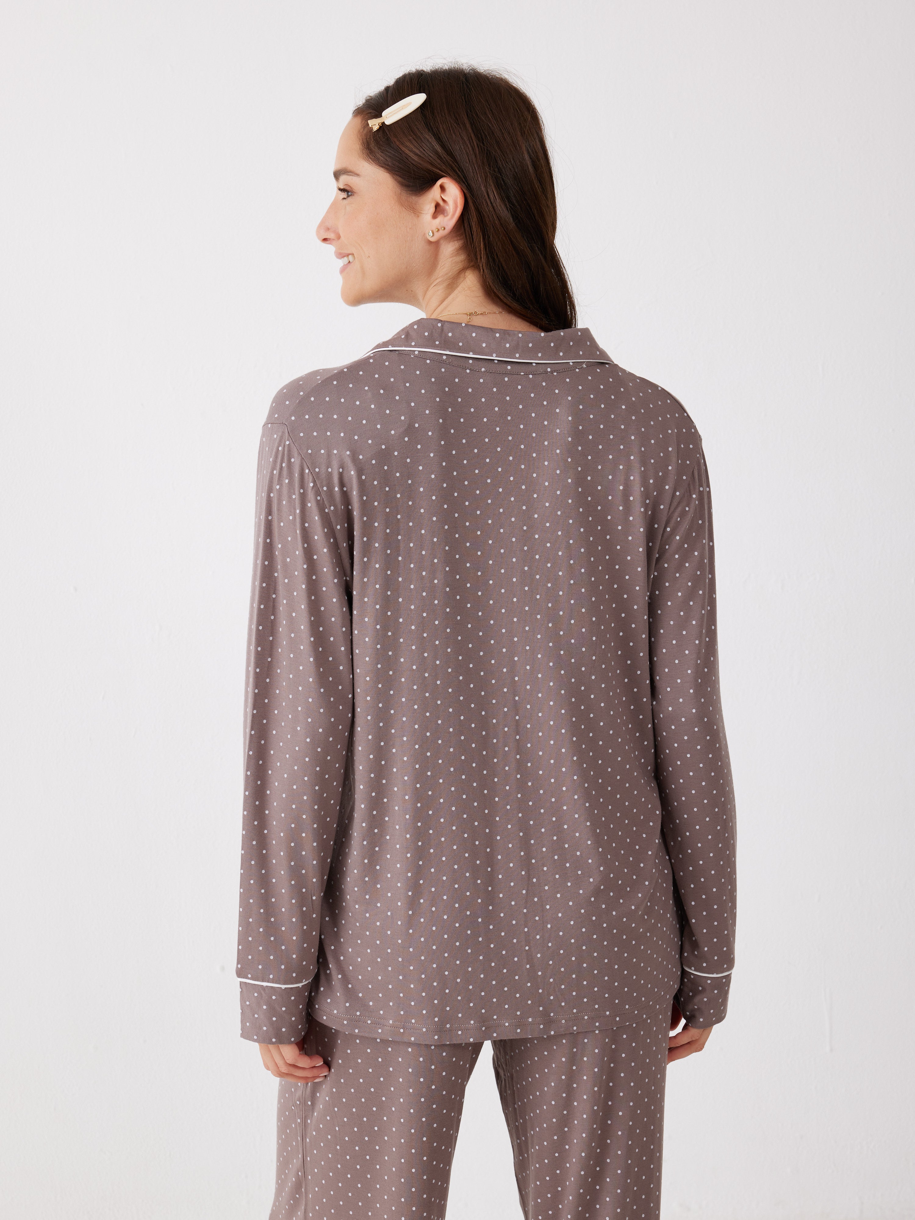 פיג'מה מכופתרת נקודות ויסקוזה - חום