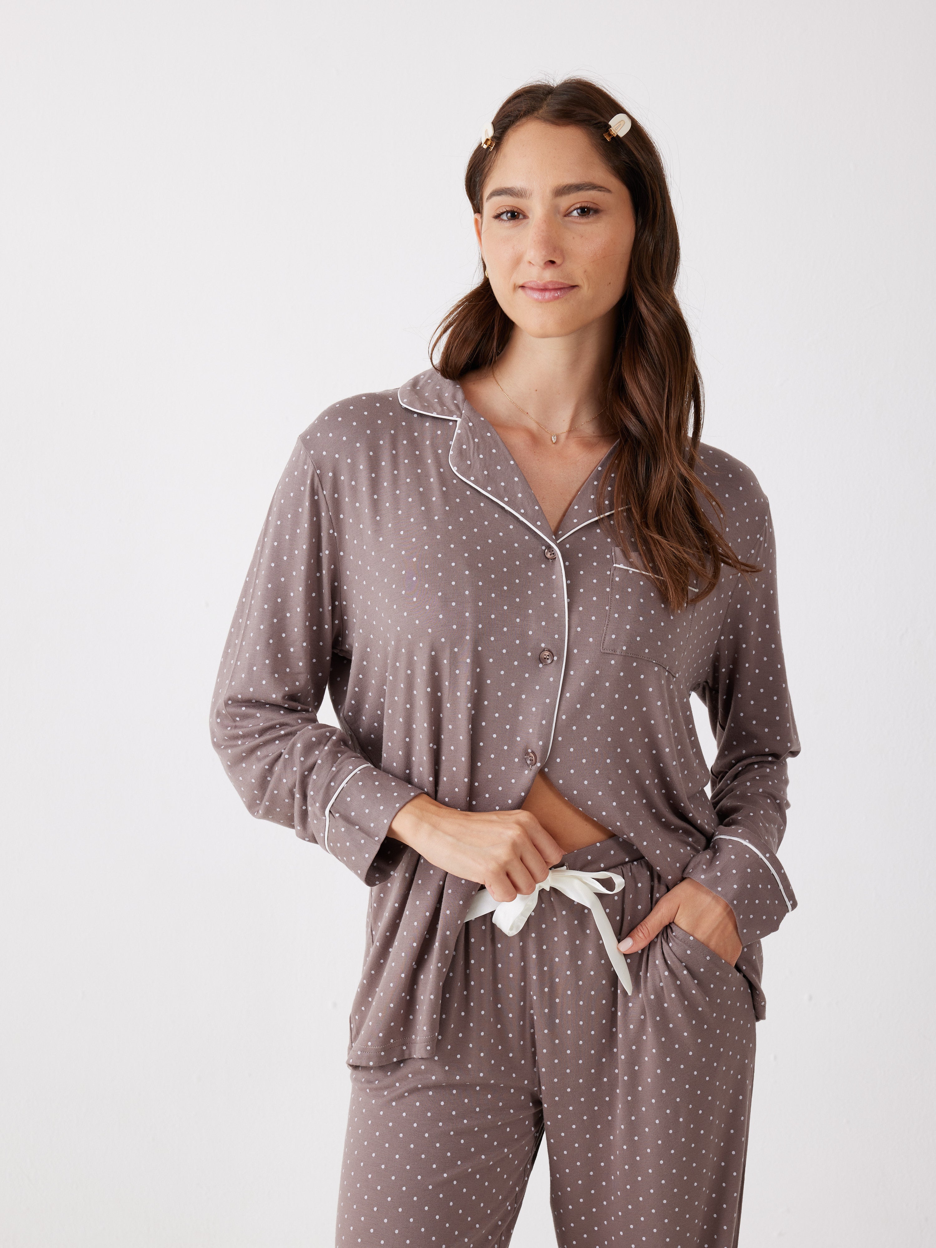 פיג'מה מכופתרת נקודות ויסקוזה - חום